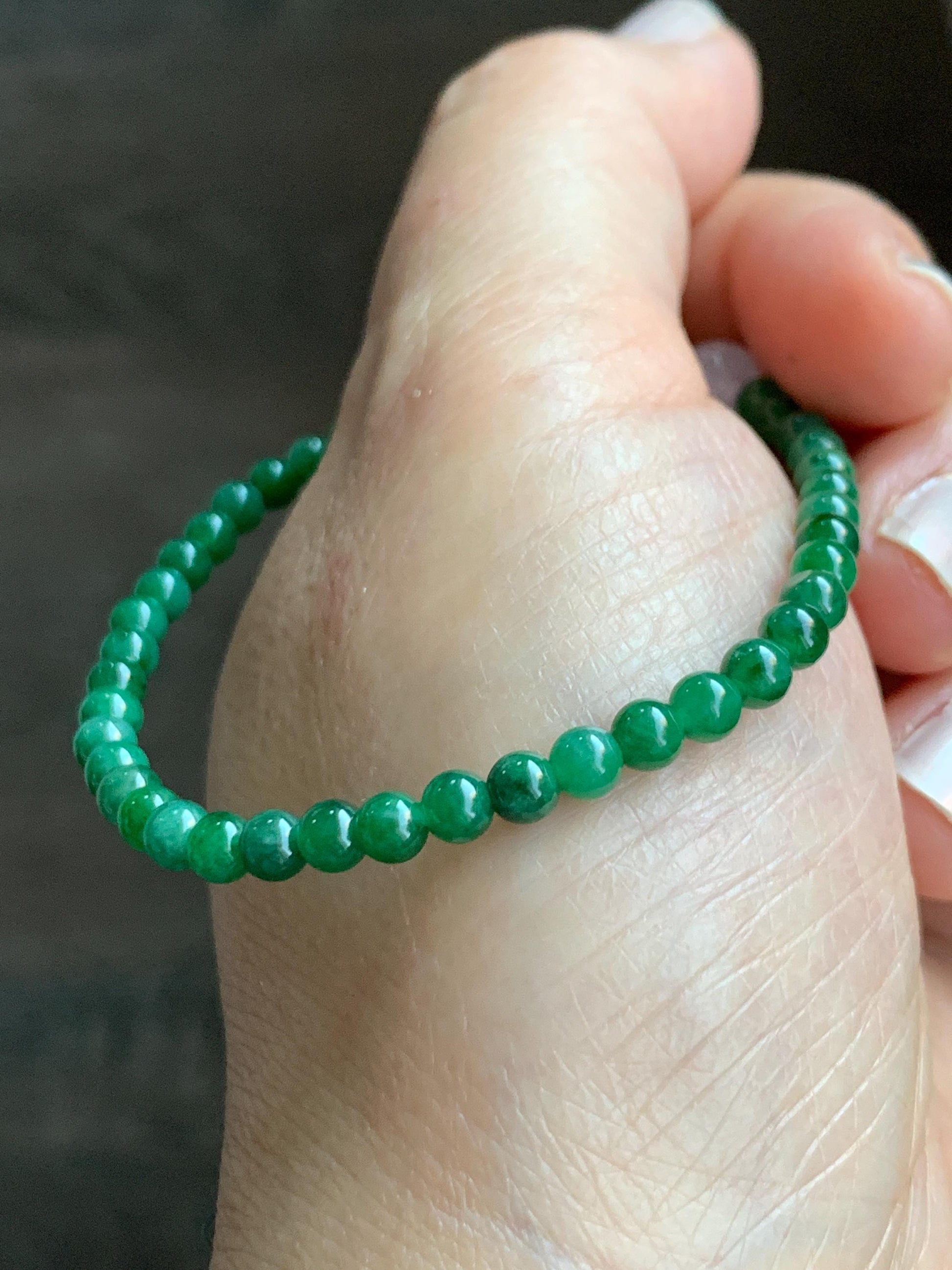 Natural Grade A Icy Translucent Vibrant Green Jade Jadeite Petite Beads Icy White Lotus Bead Beaded Bracelet 6.5” 5g 天然冰阳绿翡翠圆珠白冰莲花珠手串 XML220