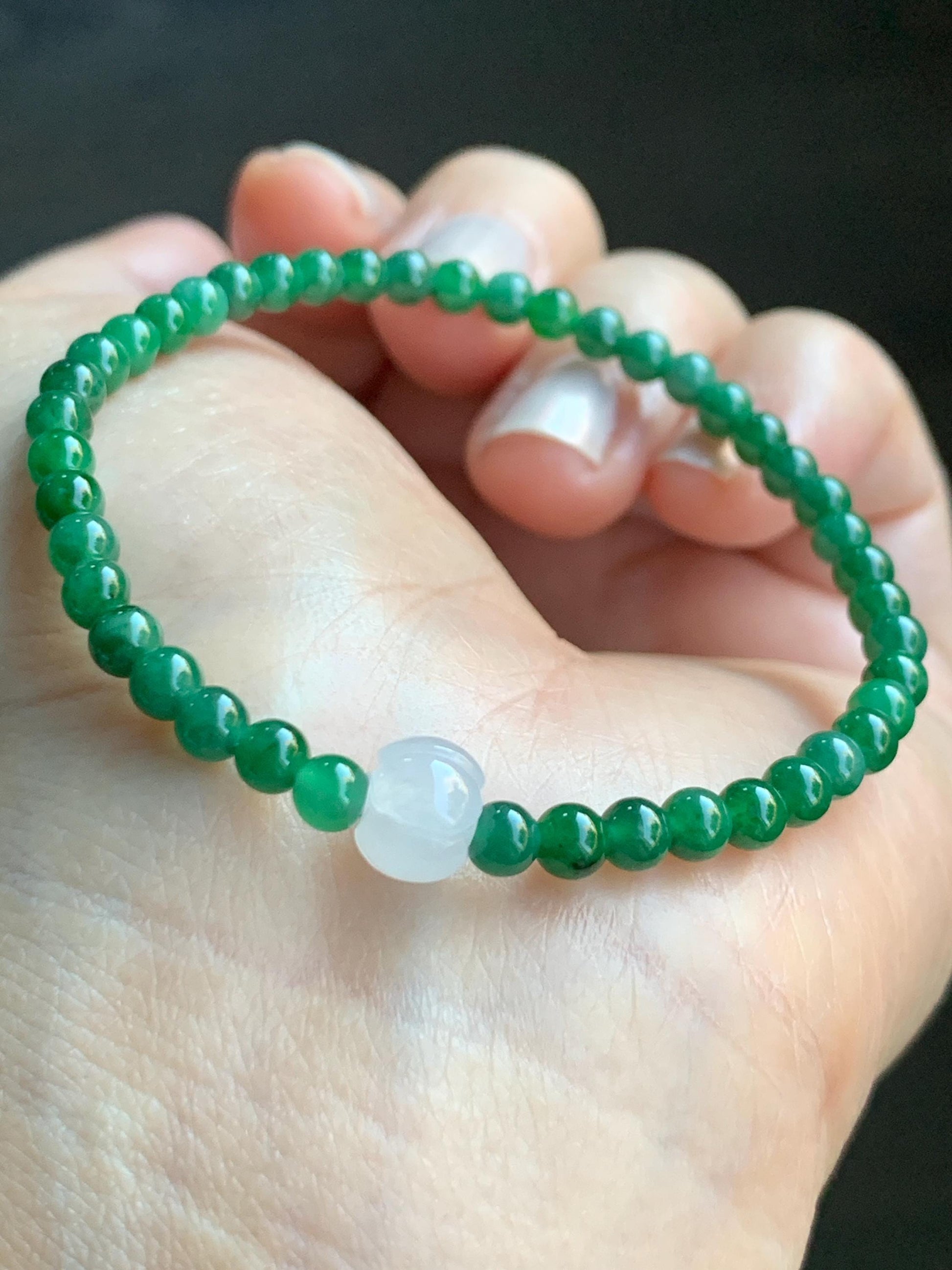 Natural Grade A Icy Translucent Vibrant Green Jade Jadeite Petite Beads Icy White Lotus Bead Beaded Bracelet 6.5” 5g 天然冰阳绿翡翠圆珠白冰莲花珠手串 XML220