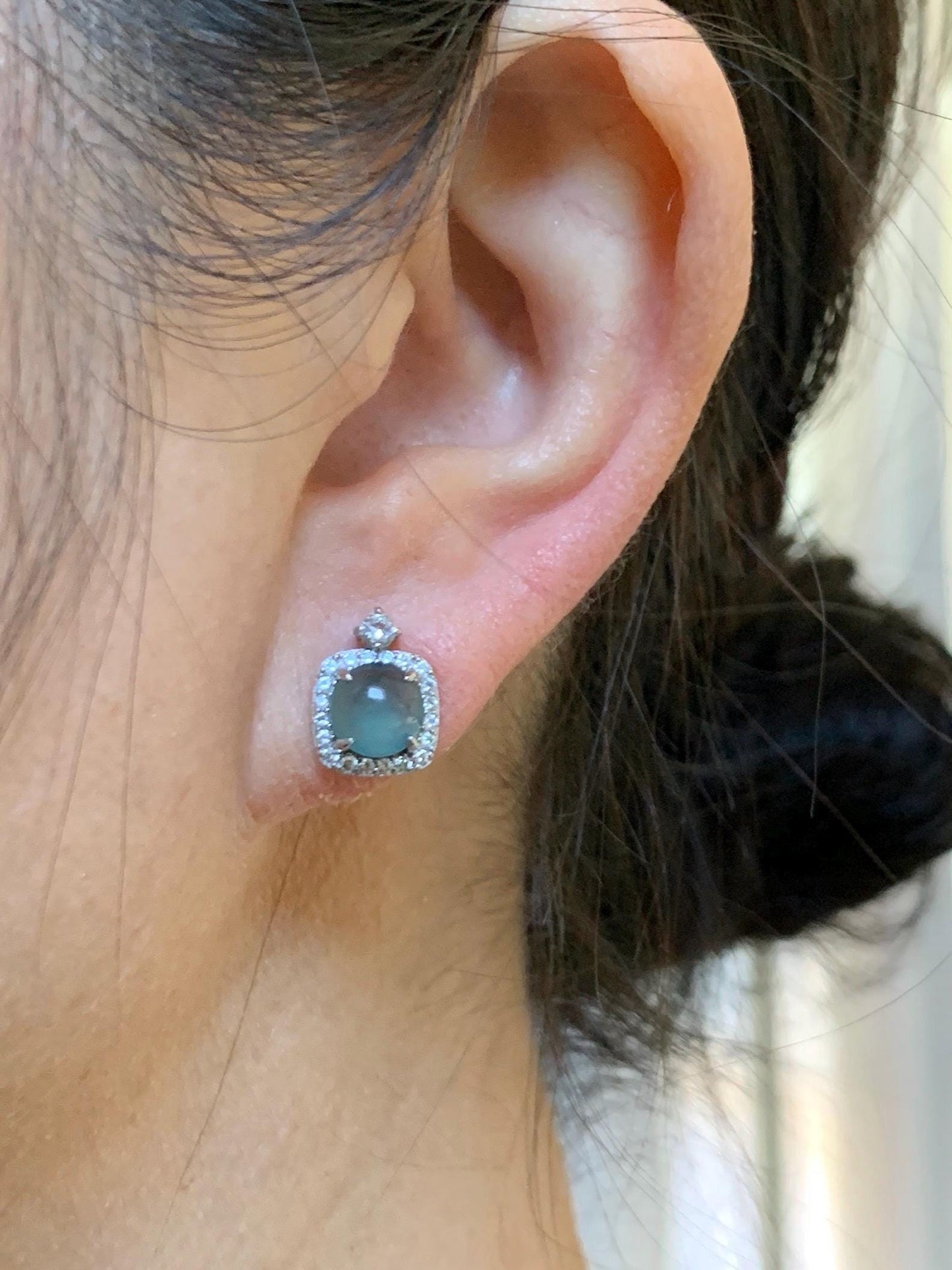 Natural Grade A Guatemalan Icy Highly Translucent Teal Blue Jade Jadeite Stud Earrings Sterling Silver 天然冰危蓝翡翠银镶耳钉 DLD78