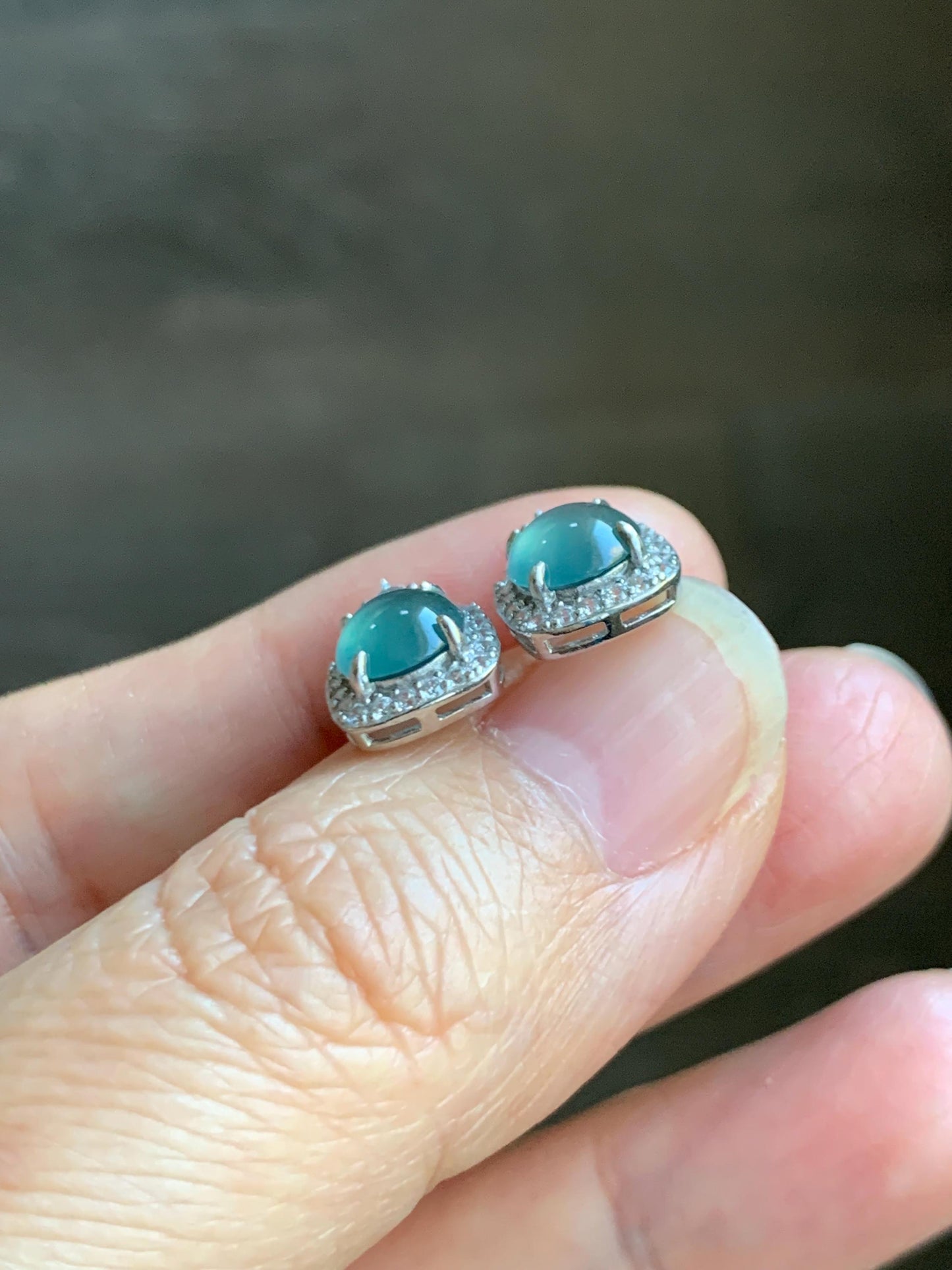 Natural Grade A Guatemalan Icy Highly Translucent Teal Blue Jade Jadeite Stud Earrings Sterling Silver 天然冰危蓝翡翠银镶耳钉 DLD78