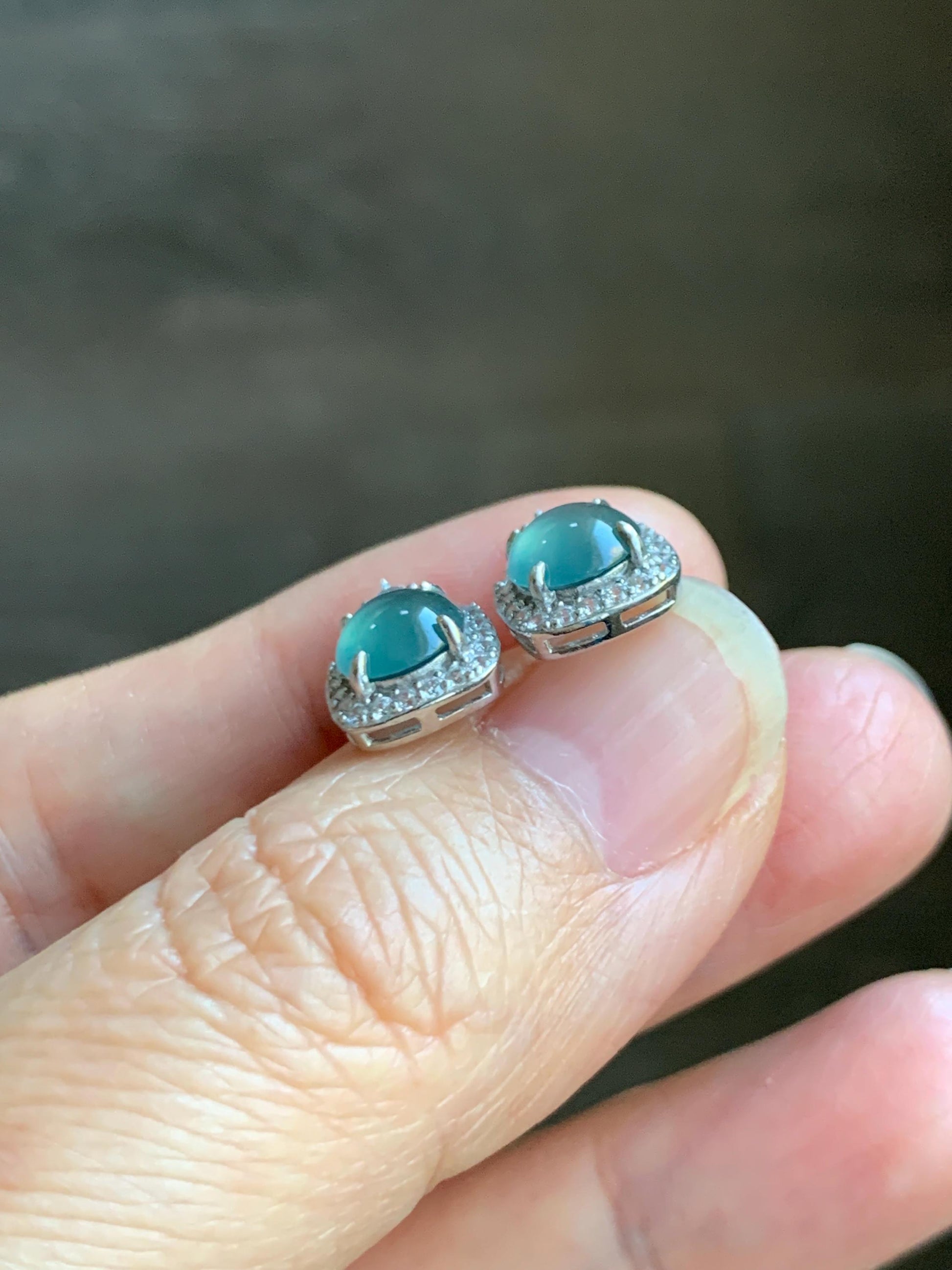 Natural Grade A Guatemalan Icy Highly Translucent Teal Blue Jade Jadeite Stud Earrings Sterling Silver 天然冰危蓝翡翠银镶耳钉 DLD78