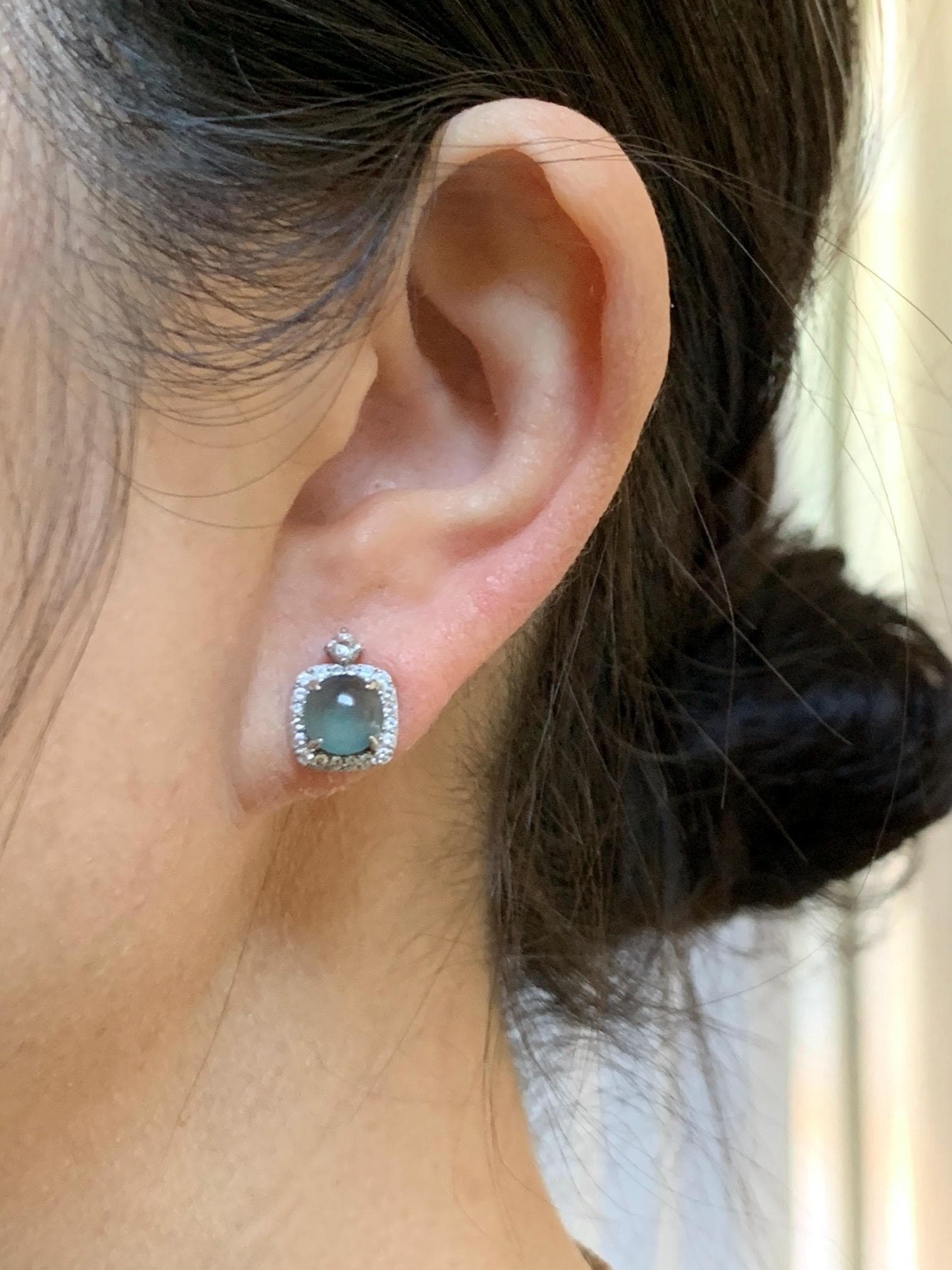 Natural Grade A Guatemalan Icy Highly Translucent Teal Blue Jade Jadeite Stud Earrings Sterling Silver 天然冰危蓝翡翠银镶耳钉 DLD78