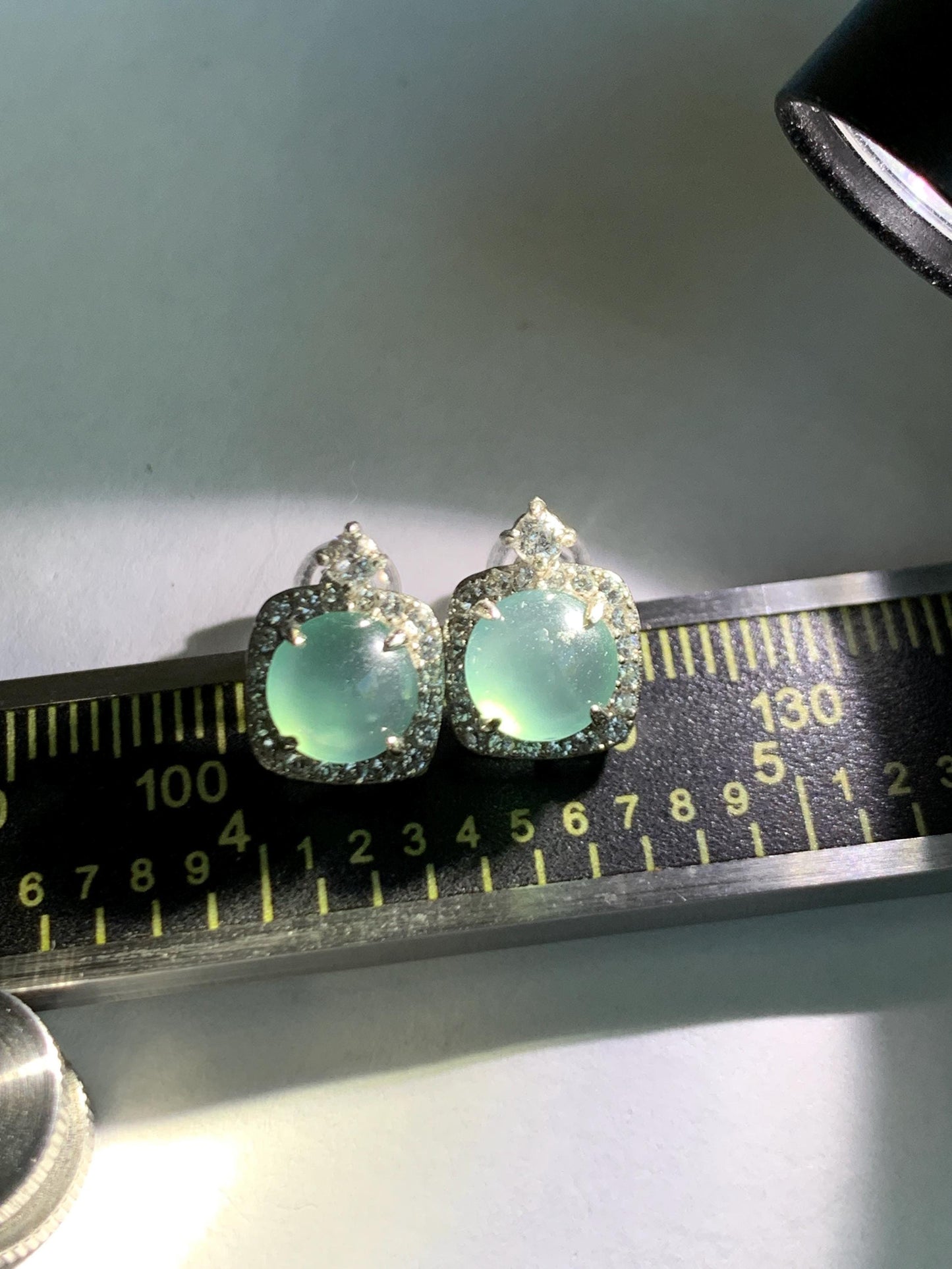 Natural Grade A Guatemalan Icy Highly Translucent Teal Blue Jade Jadeite Stud Earrings Sterling Silver 天然冰危蓝翡翠银镶耳钉 DLD78