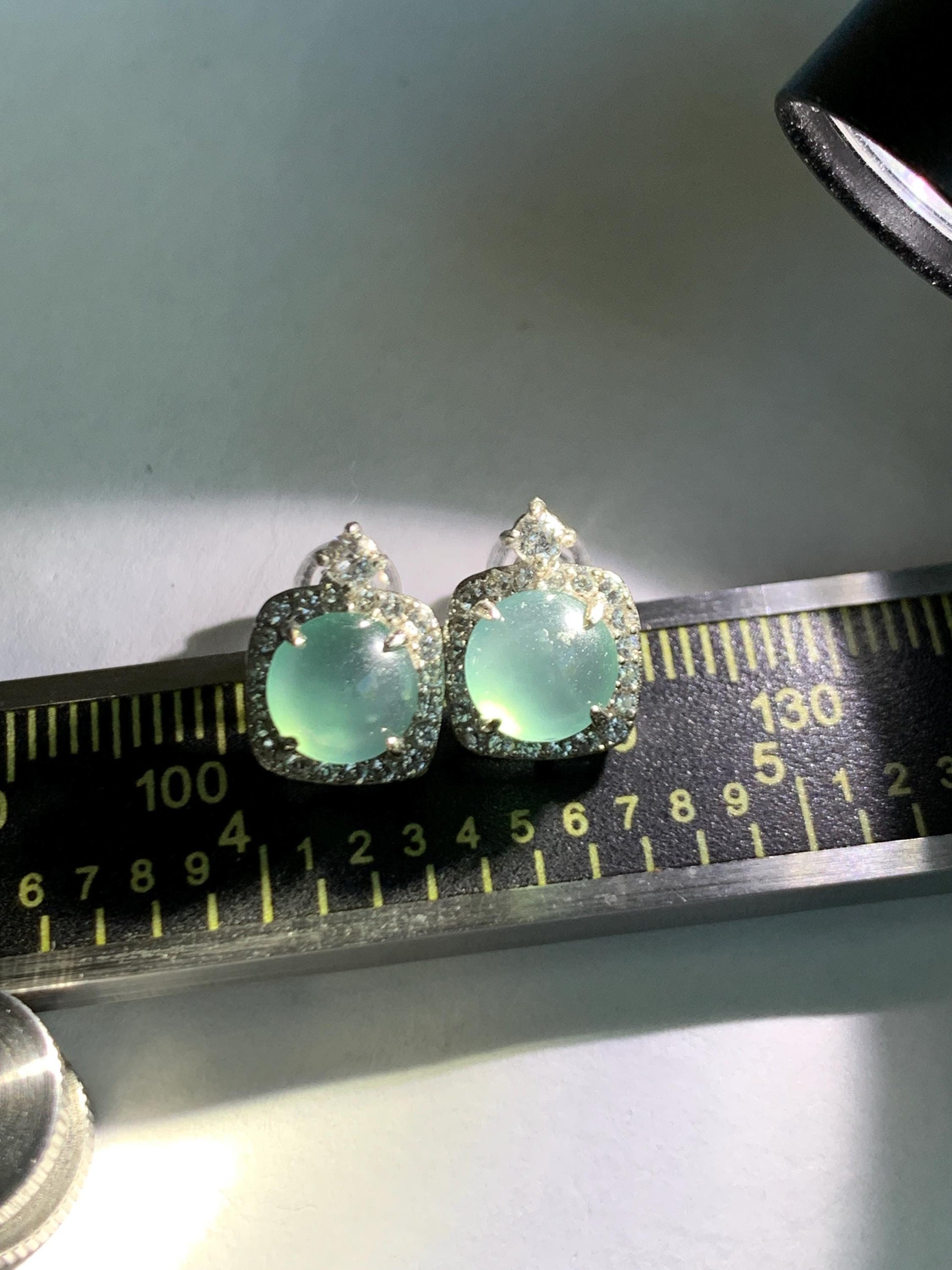 Natural Grade A Guatemalan Icy Highly Translucent Teal Blue Jade Jadeite Stud Earrings Sterling Silver 天然冰危蓝翡翠银镶耳钉 DLD78