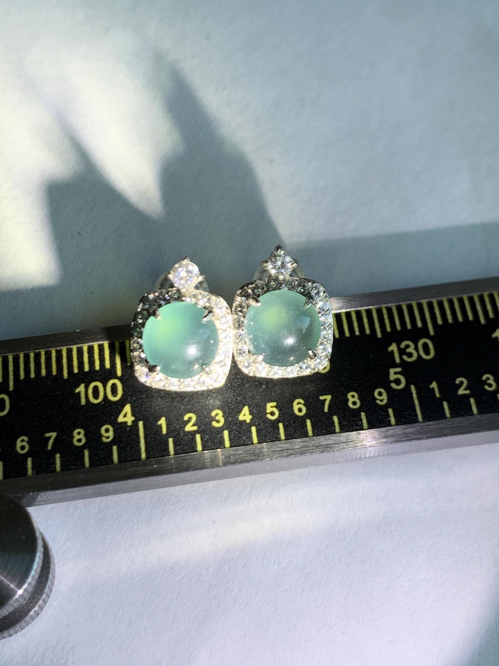 Natural Grade A Guatemalan Icy Highly Translucent Teal Blue Jade Jadeite Stud Earrings Sterling Silver 天然冰危蓝翡翠银镶耳钉 DLD78