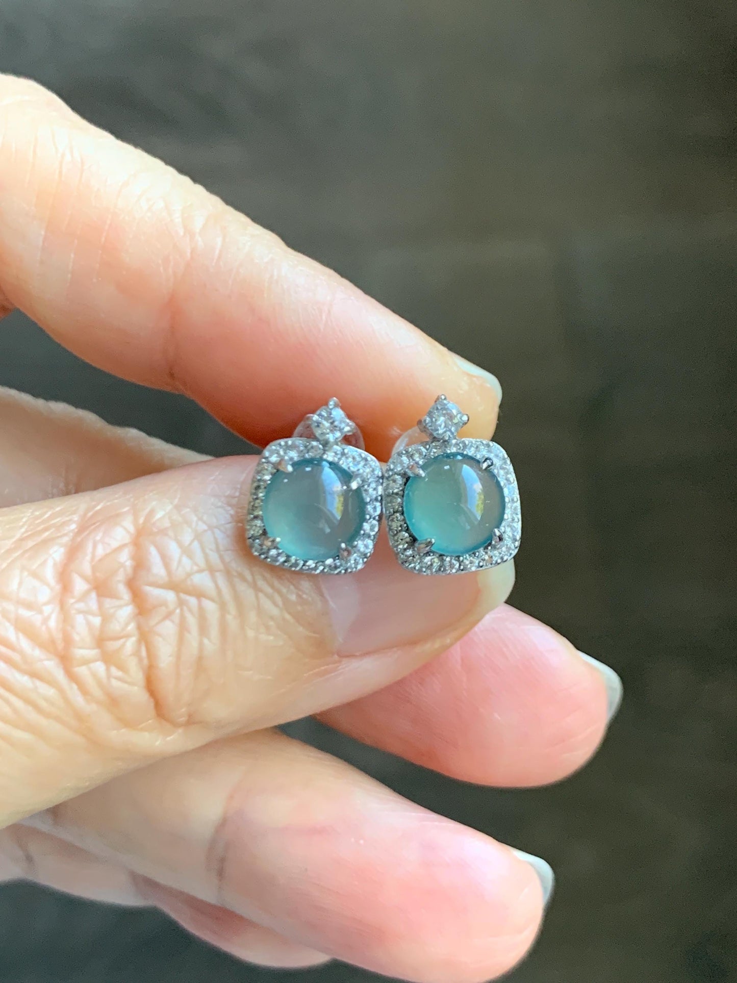 Natural Grade A Guatemalan Icy Highly Translucent Teal Blue Jade Jadeite Stud Earrings Sterling Silver 天然冰危蓝翡翠银镶耳钉 DLD78
