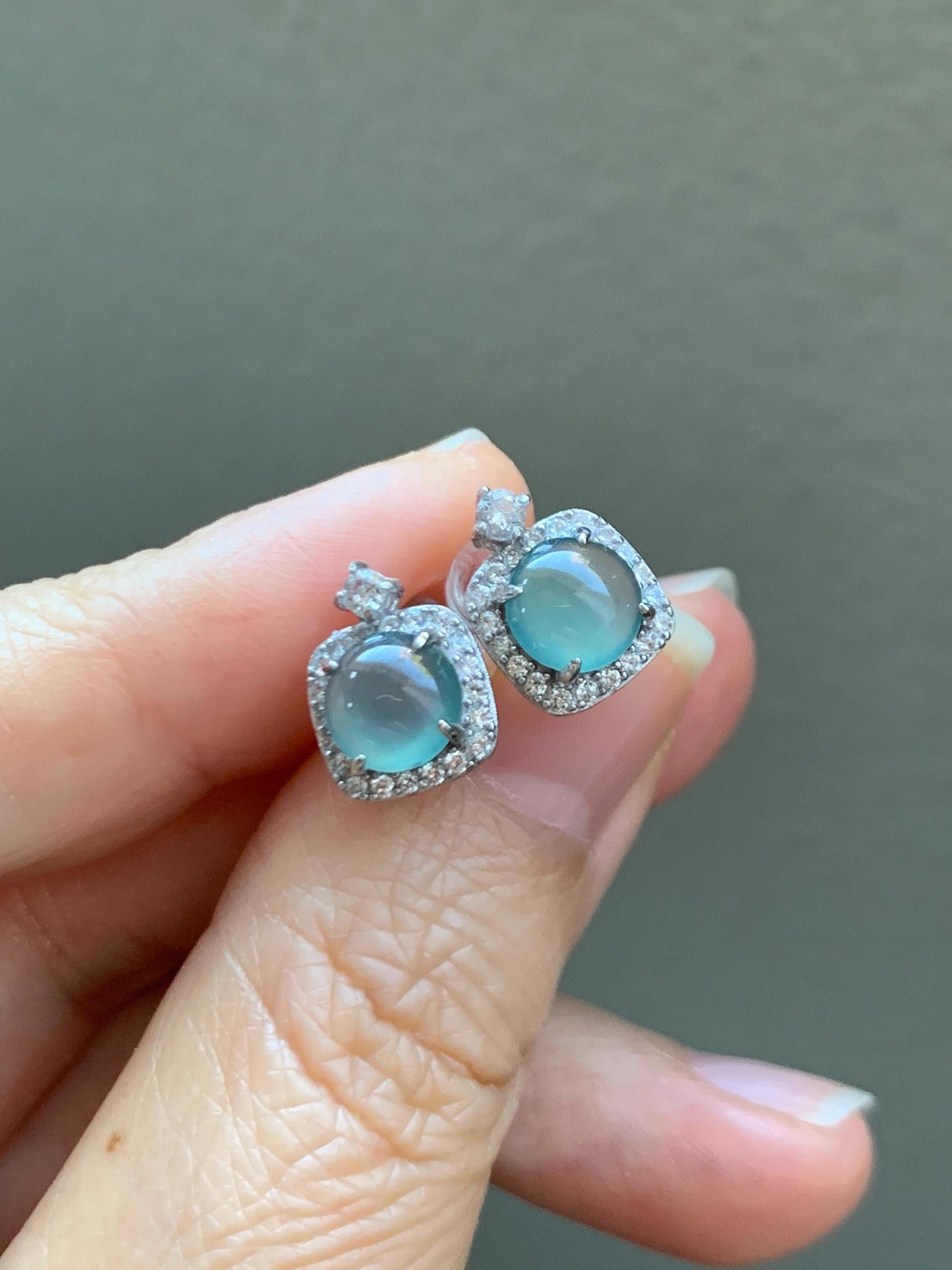 Natural Grade A Guatemalan Icy Highly Translucent Teal Blue Jade Jadeite Stud Earrings Sterling Silver 天然冰危蓝翡翠银镶耳钉 DLD78