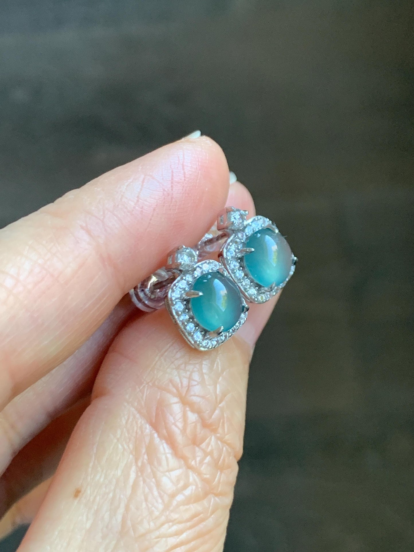 Natural Grade A Guatemalan Icy Highly Translucent Teal Blue Jade Jadeite Stud Earrings Sterling Silver 天然冰危蓝翡翠银镶耳钉 DLD78