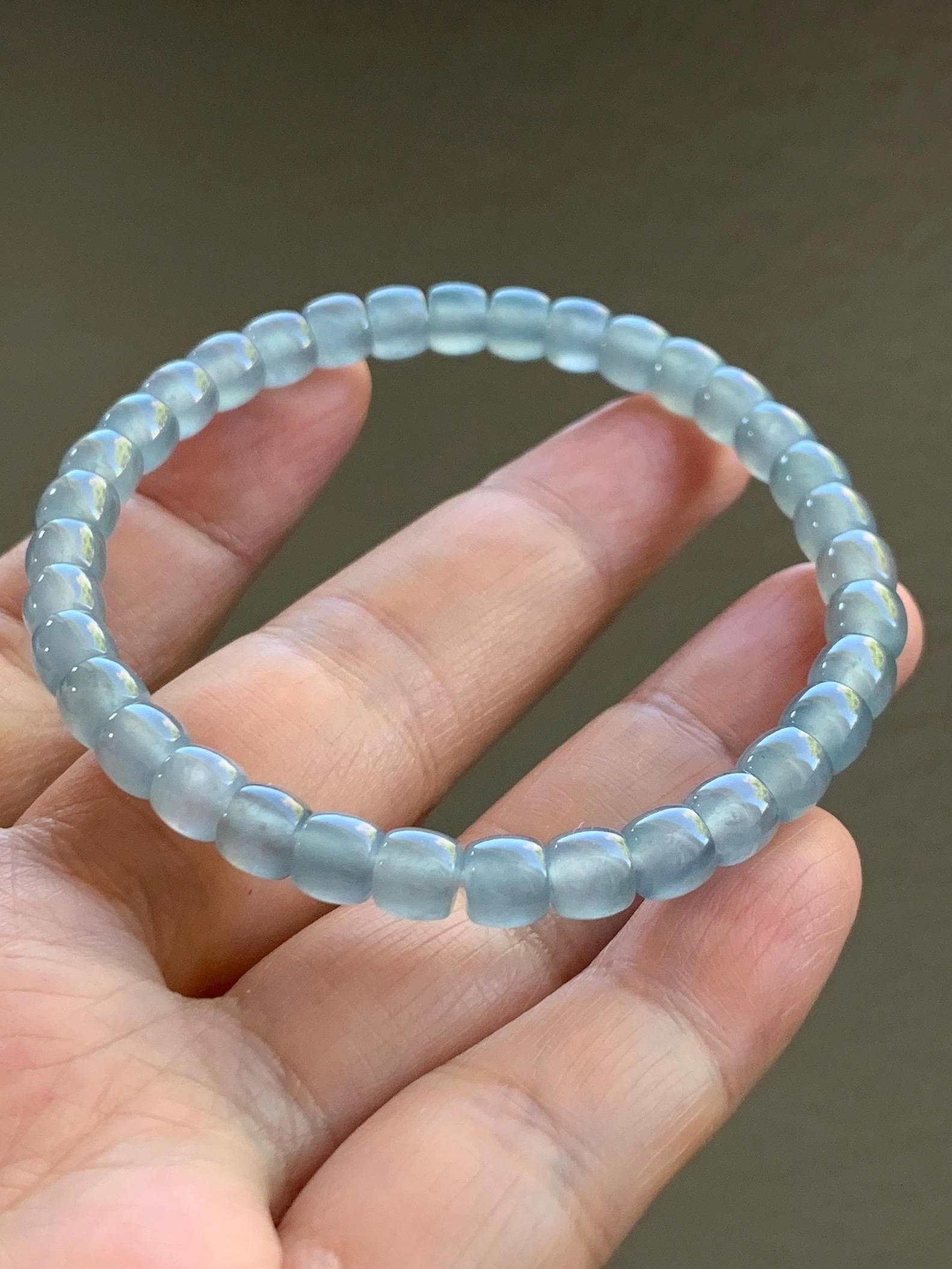 Natural Grade A Guatemalan Icy Highly Translucent Gelatinous Pastel Blue Jade Jadeite Barrel Beads Beaded Bracelet 7” 天然冰胶危浅蓝翡翠桶珠手串LXZ248