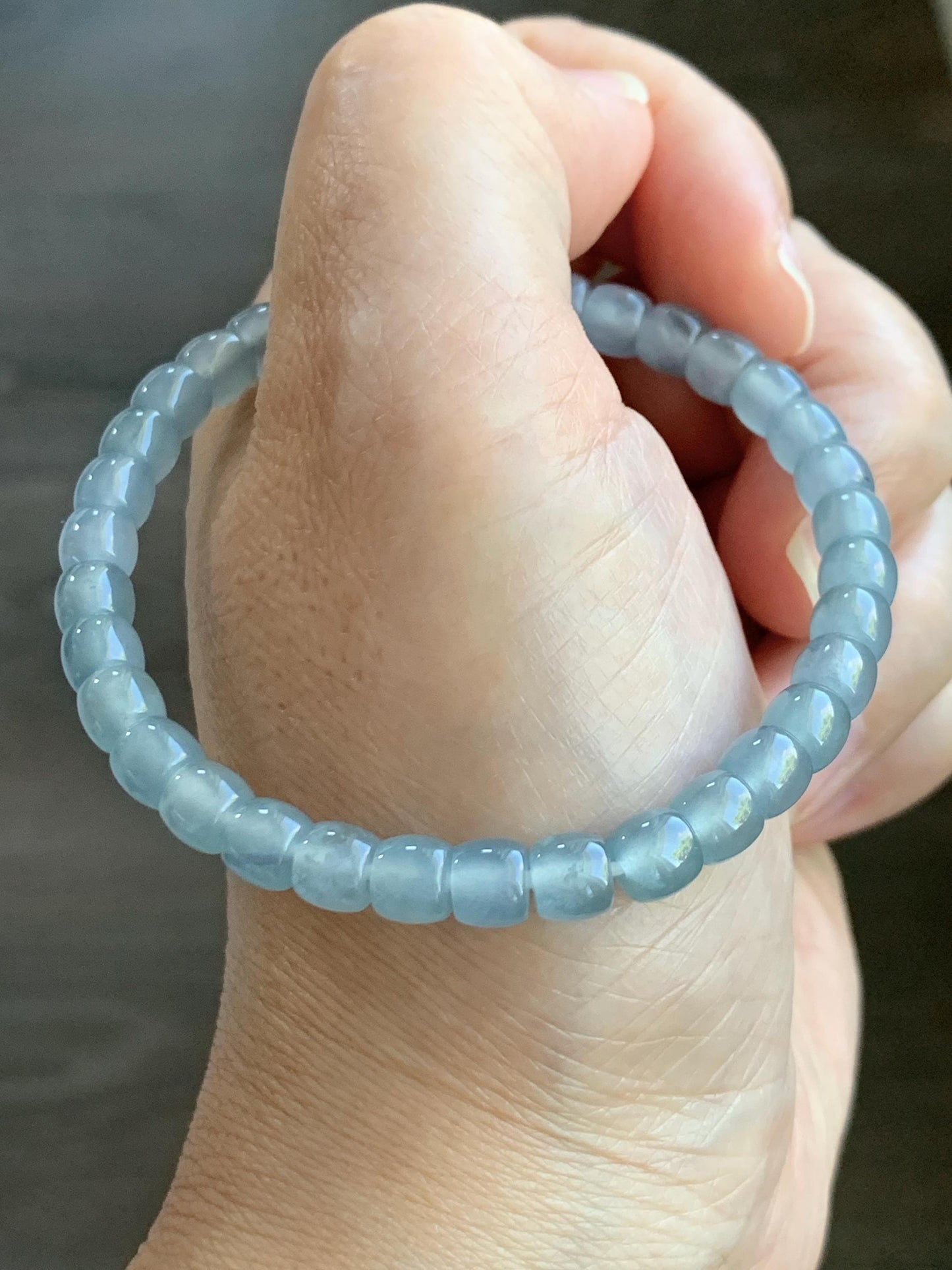 Natural Grade A Guatemalan Icy Highly Translucent Gelatinous Pastel Blue Jade Jadeite Barrel Beads Beaded Bracelet 7” 天然冰胶危浅蓝翡翠桶珠手串LXZ248