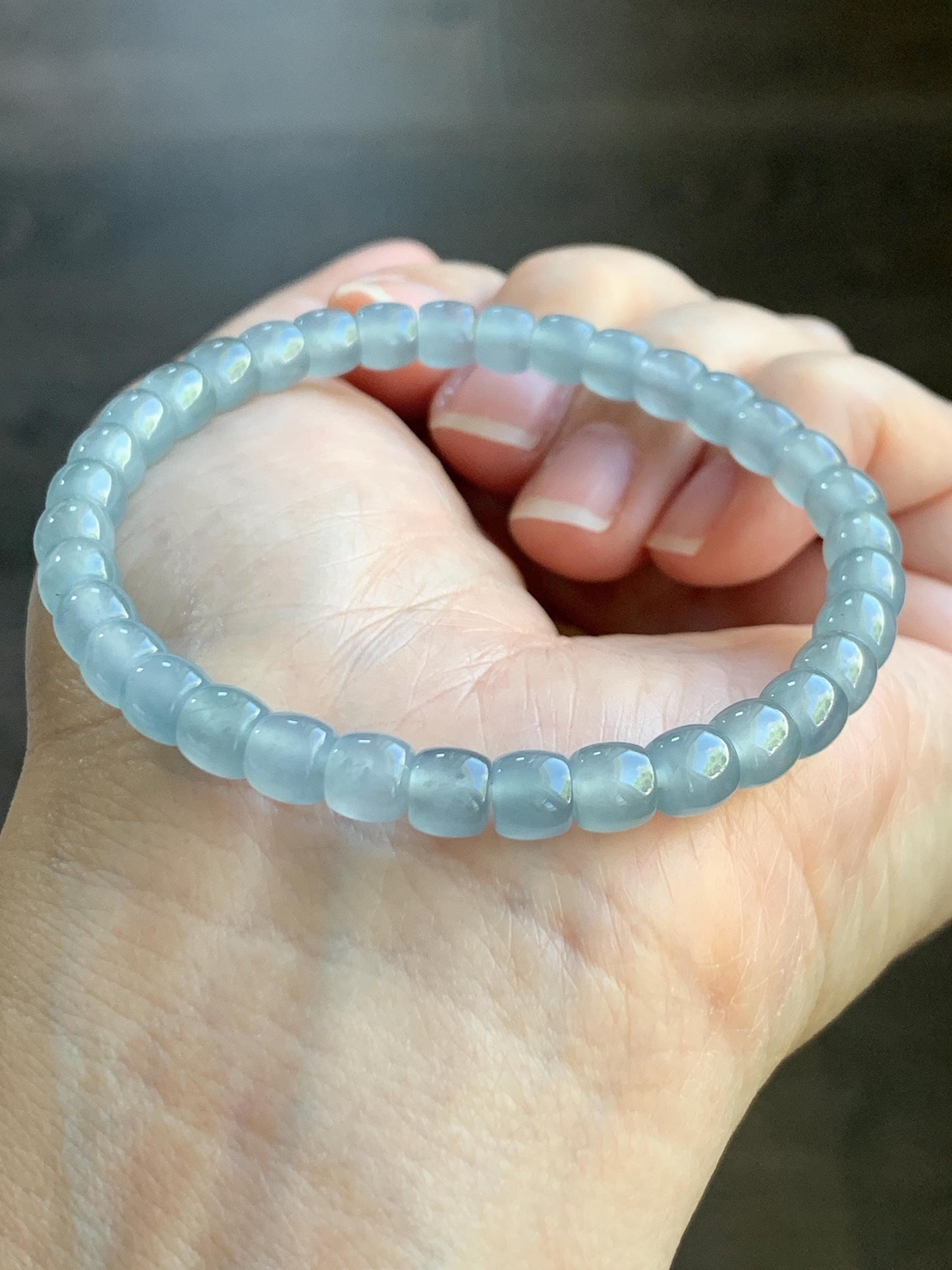 Natural Grade A Guatemalan Icy Highly Translucent Gelatinous Pastel Blue Jade Jadeite Barrel Beads Beaded Bracelet 7” 天然冰胶危浅蓝翡翠桶珠手串LXZ248