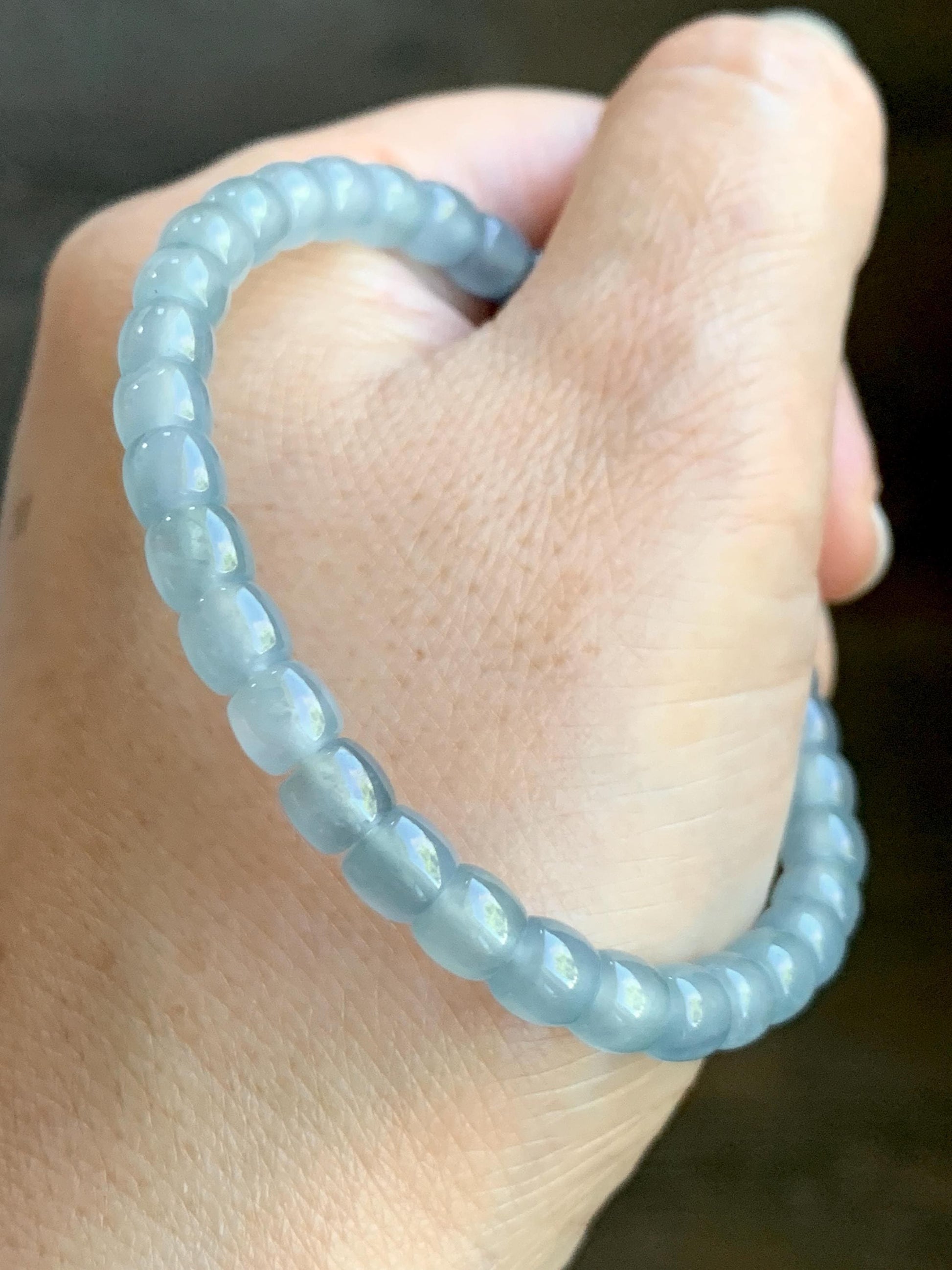 Natural Grade A Guatemalan Icy Highly Translucent Gelatinous Pastel Blue Jade Jadeite Barrel Beads Beaded Bracelet 7” 天然冰胶危浅蓝翡翠桶珠手串LXZ248
