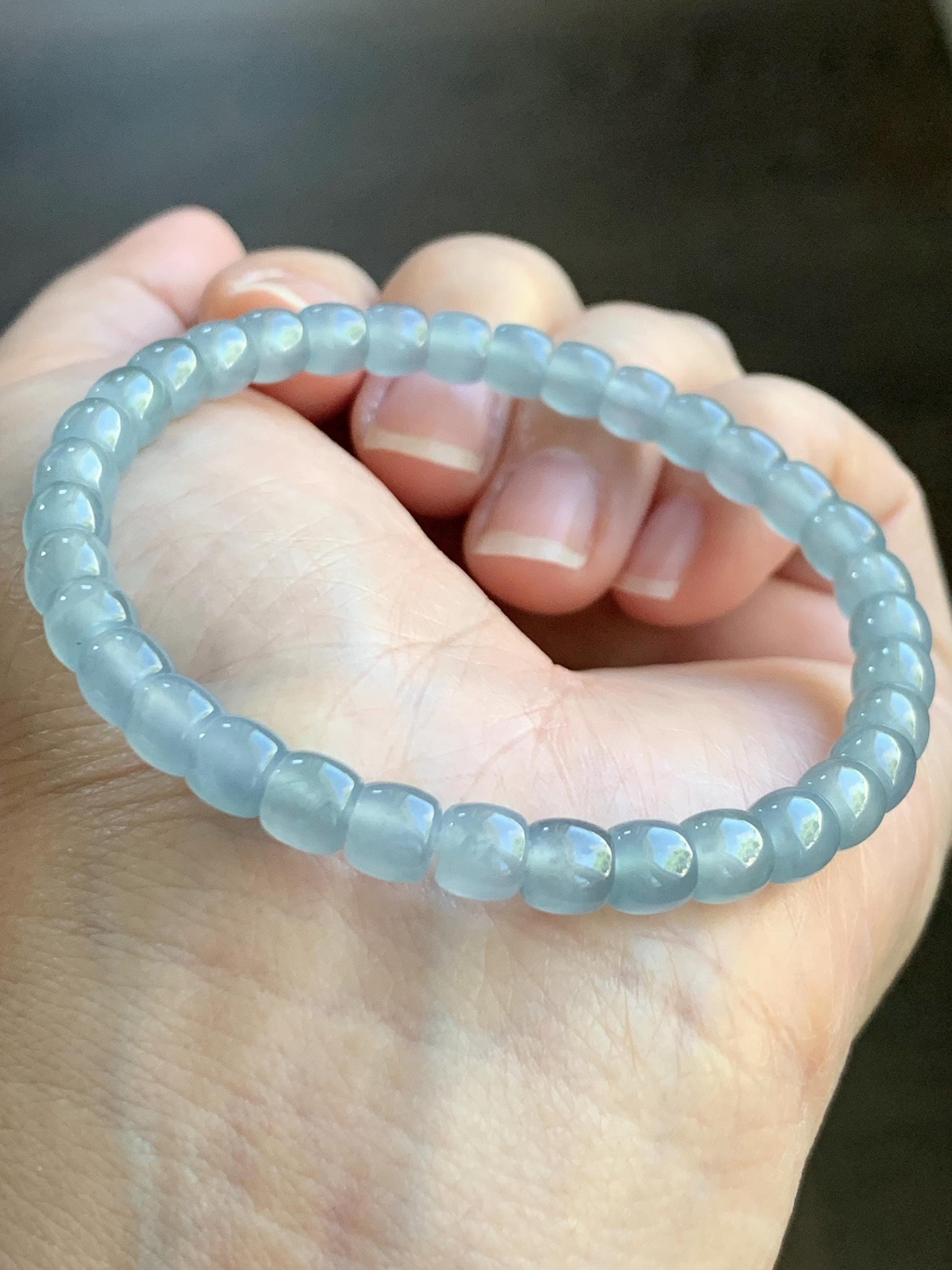 Natural Grade A Guatemalan Icy Highly Translucent Gelatinous Pastel Blue Jade Jadeite Barrel Beads Beaded Bracelet 7” 天然冰胶危浅蓝翡翠桶珠手串LXZ248