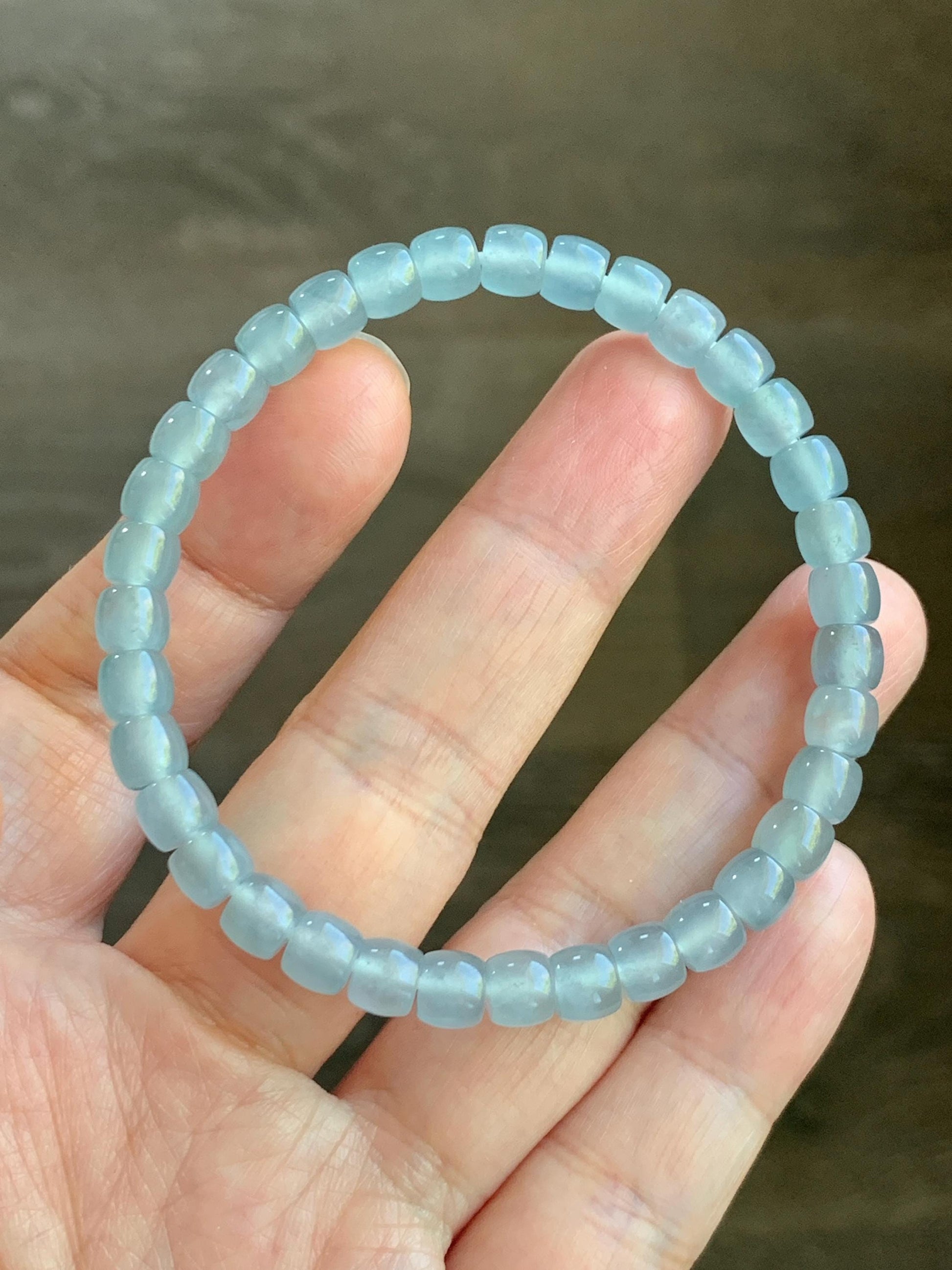 Natural Grade A Guatemalan Icy Highly Translucent Gelatinous Pastel Blue Jade Jadeite Barrel Beads Beaded Bracelet 7” 天然冰胶危浅蓝翡翠桶珠手串LXZ248