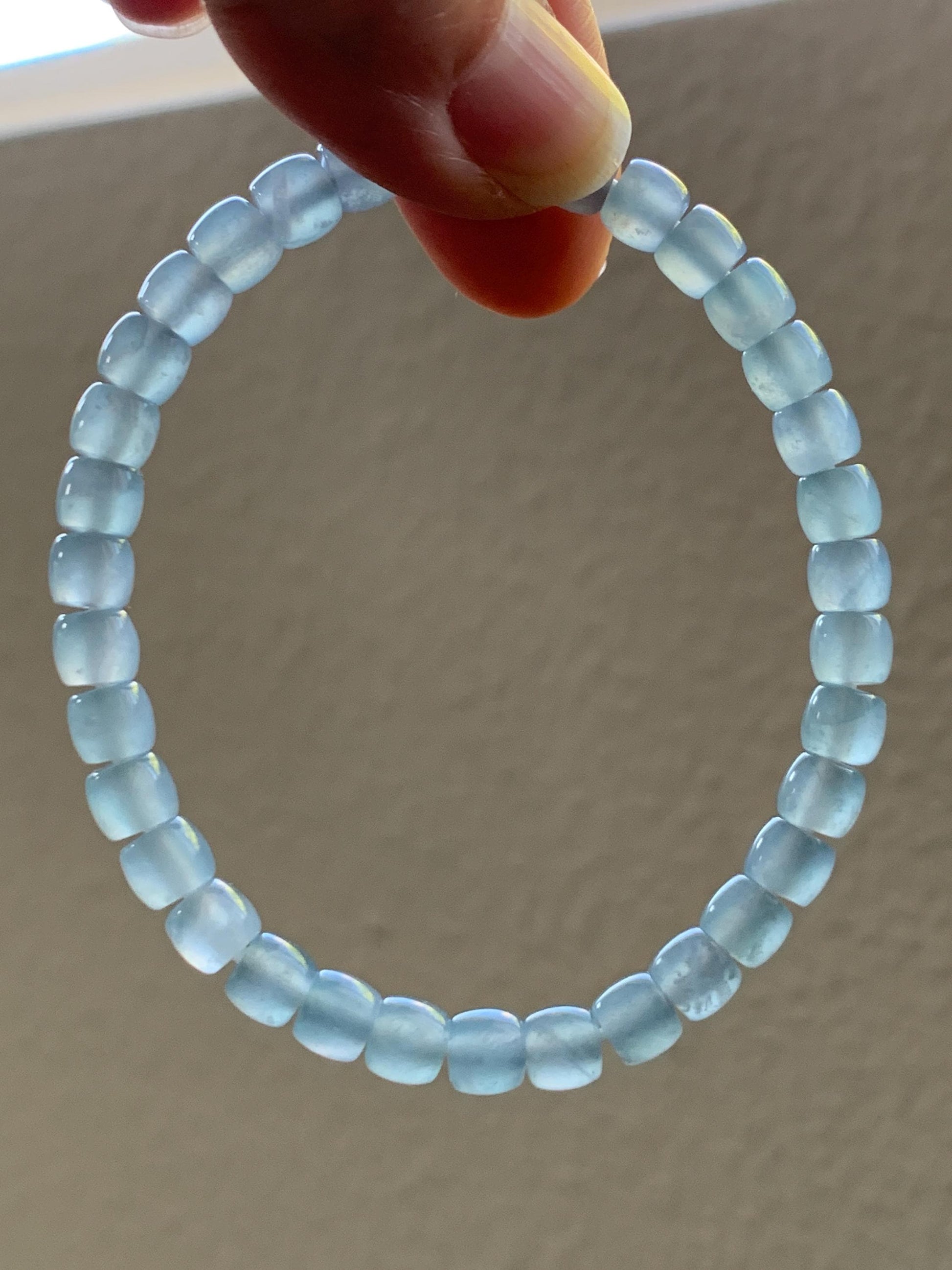Natural Grade A Guatemalan Icy Highly Translucent Gelatinous Pastel Blue Jade Jadeite Barrel Beads Beaded Bracelet 7” 天然冰胶危浅蓝翡翠桶珠手串LXZ248