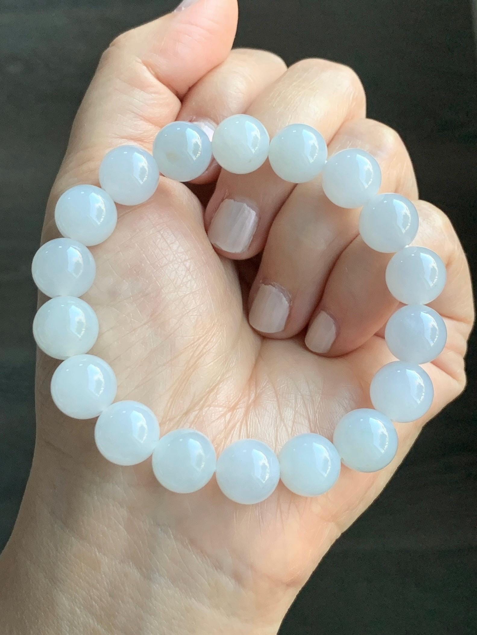Certified Natural Grade A Icy Translucent Gelatinous Icy White Golden Marbled Jade Jadeite Beaded Bracelet 11mm 7.25” 天然老种冰胶淡蓝底撒金翡翠圆珠手串 734