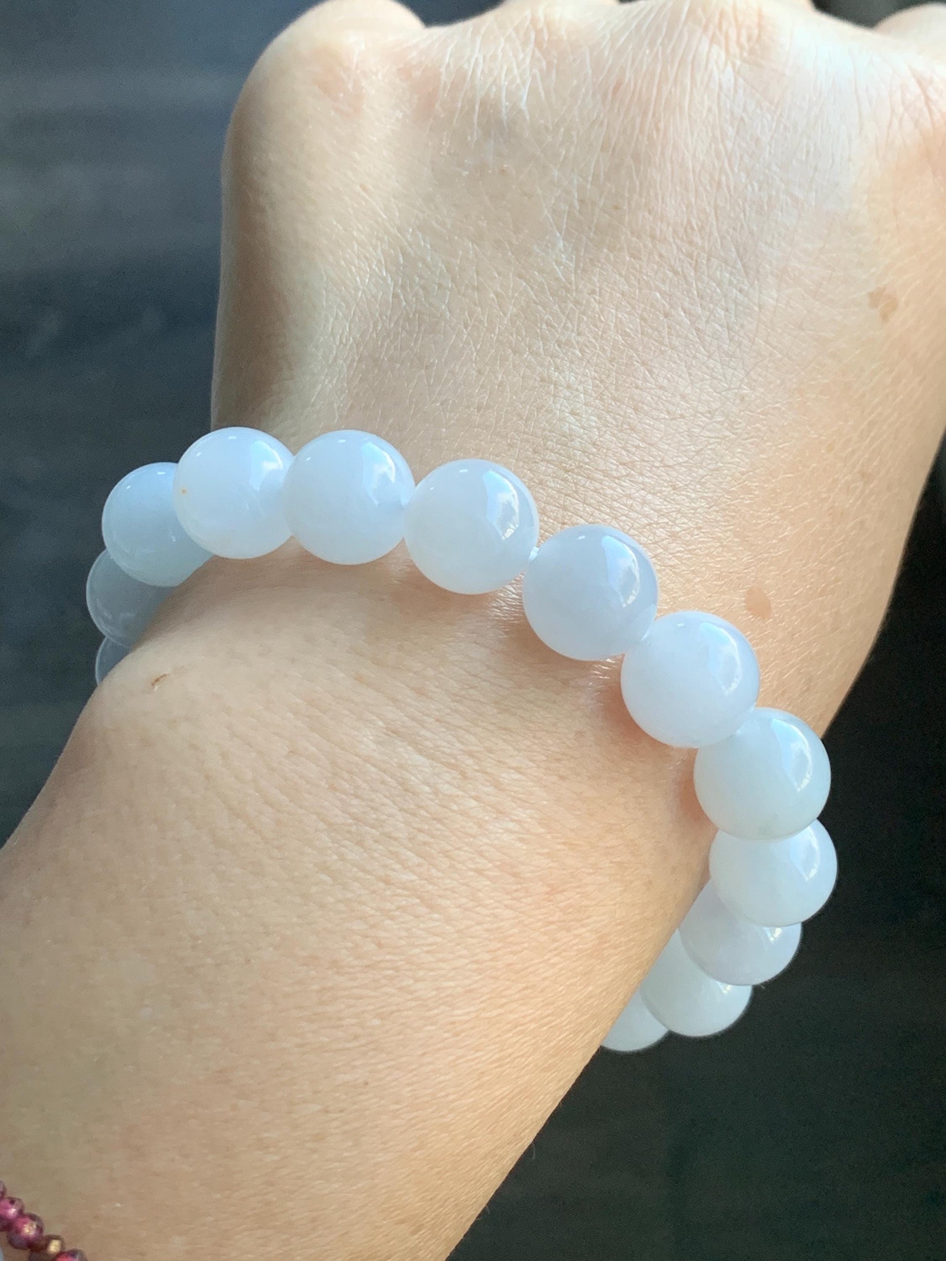 Certified Natural Grade A Icy Translucent Gelatinous Icy White Golden Marbled Jade Jadeite Beaded Bracelet 11mm 7.25” 天然老种冰胶淡蓝底撒金翡翠圆珠手串 734