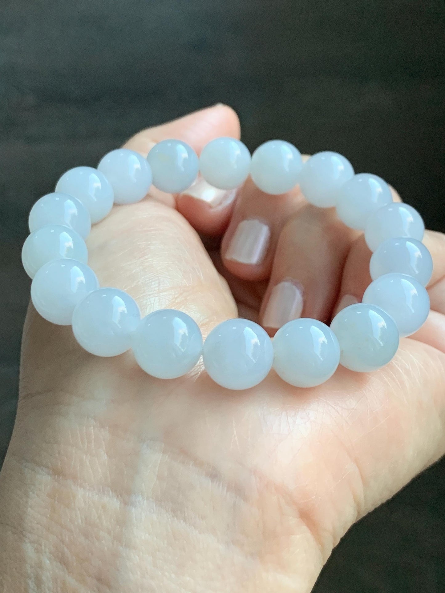 Certified Natural Grade A Icy Translucent Gelatinous Icy White Golden Marbled Jade Jadeite Beaded Bracelet 11mm 7.25” 天然老种冰胶淡蓝底撒金翡翠圆珠手串 734