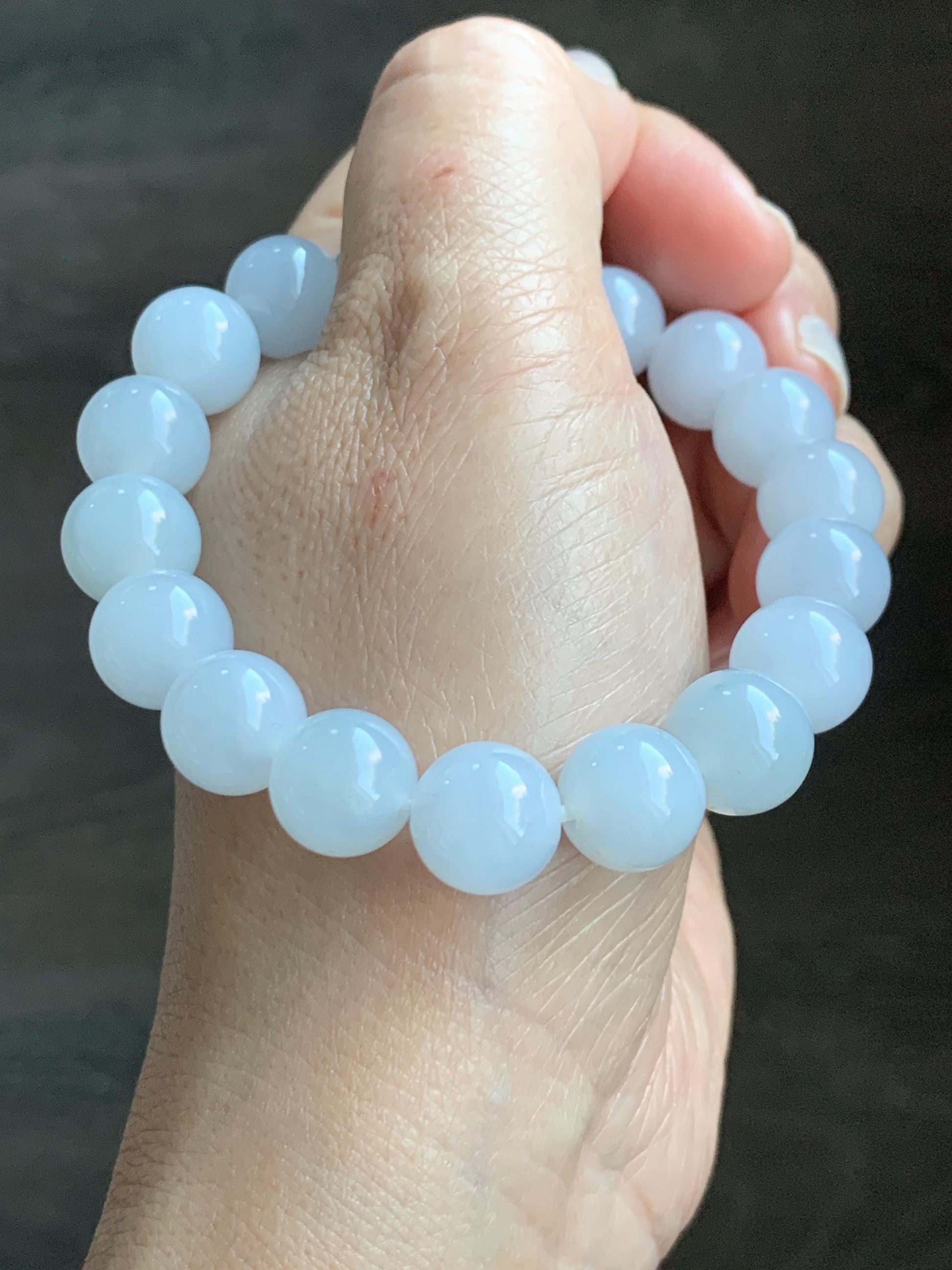 Certified Natural Grade A Icy Translucent Gelatinous Icy White Golden Marbled Jade Jadeite Beaded Bracelet 11mm 7.25” 天然老种冰胶淡蓝底撒金翡翠圆珠手串 734
