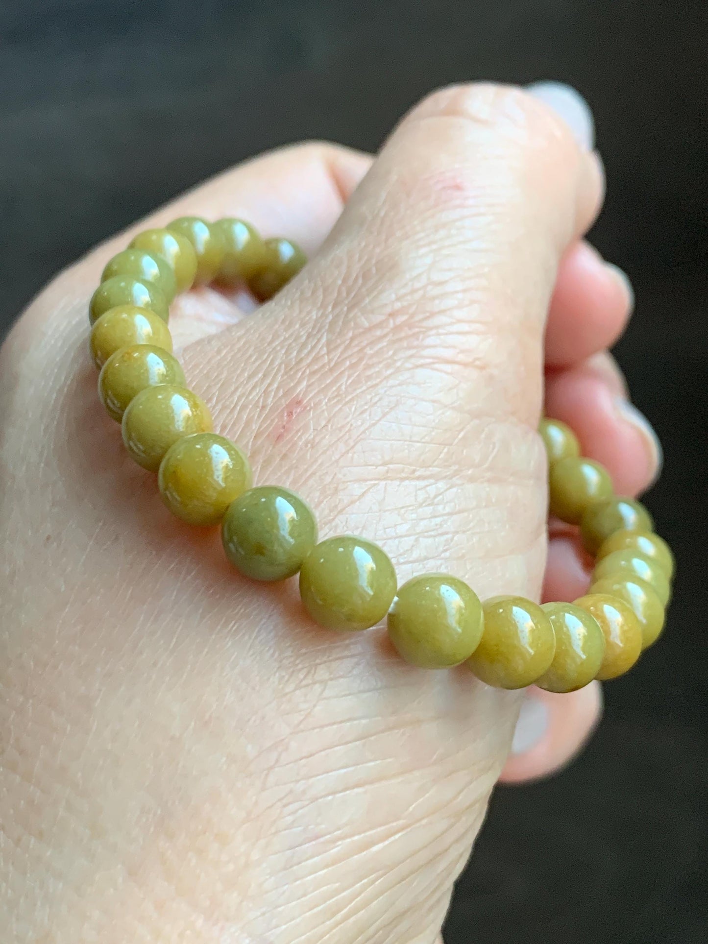 Natural Grade A Guatemalan Icy Translucent Mustard Yellow Jade Jadeite Beaded Bracelet Stretchy 6.9mm 7" 15g 天然冰危满黄翡翠圆珠手串 QWH330A