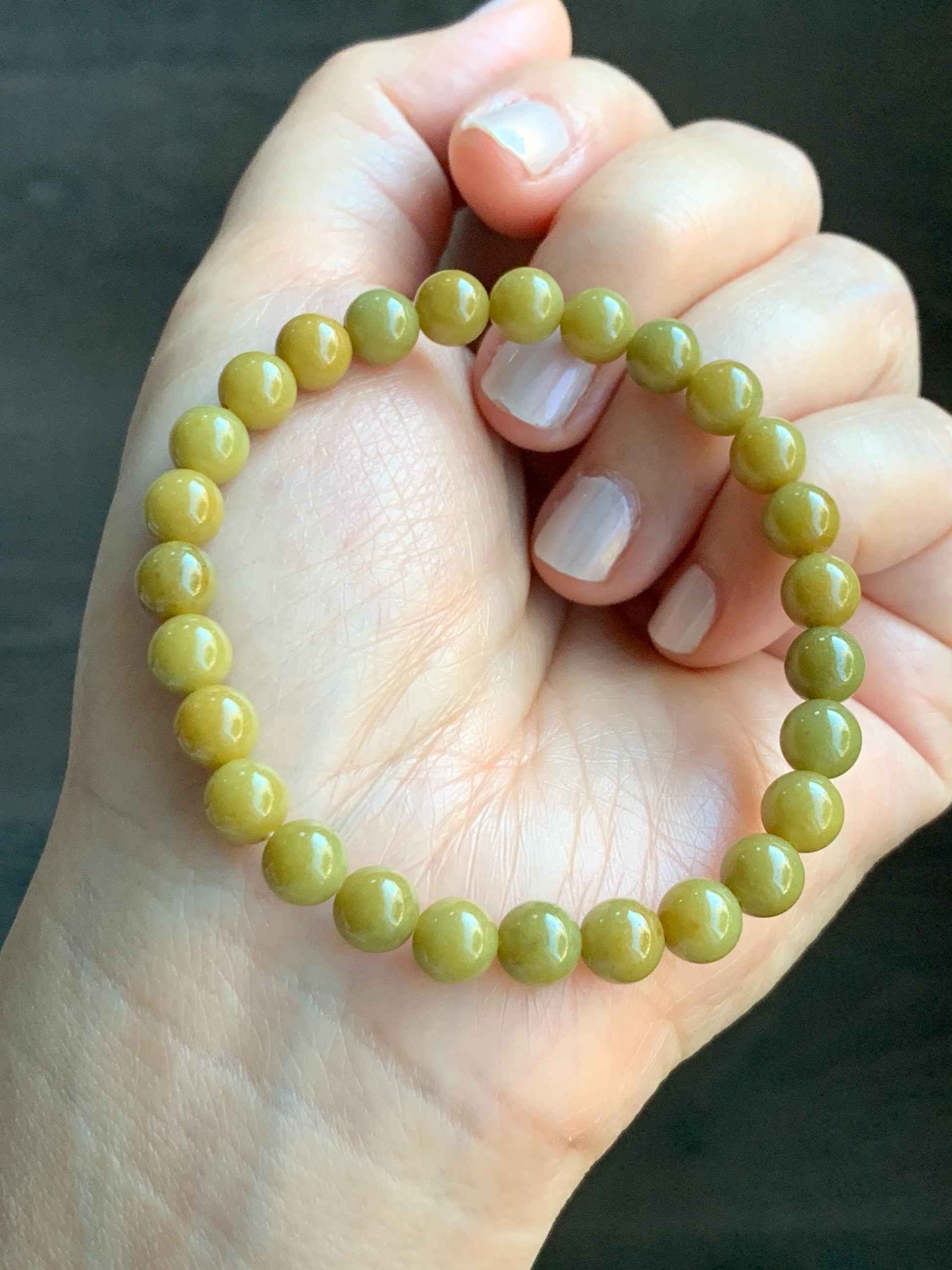 Natural Grade A Guatemalan Icy Translucent Mustard Yellow Jade Jadeite Beaded Bracelet Stretchy 6.9mm 7" 15g 天然冰危满黄翡翠圆珠手串 QWH330A