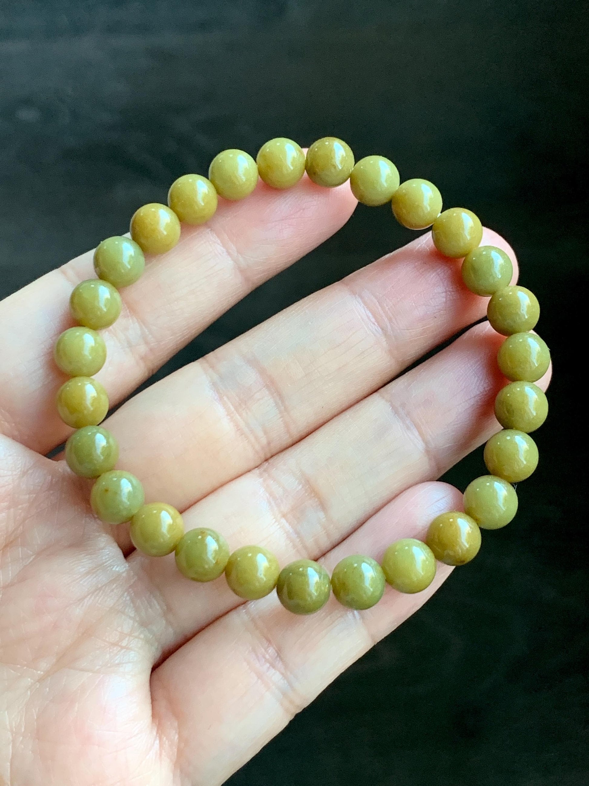 Natural Grade A Guatemalan Icy Translucent Mustard Yellow Jade Jadeite Beaded Bracelet Stretchy 6.9mm 7" 15g 天然冰危满黄翡翠圆珠手串 QWH330A