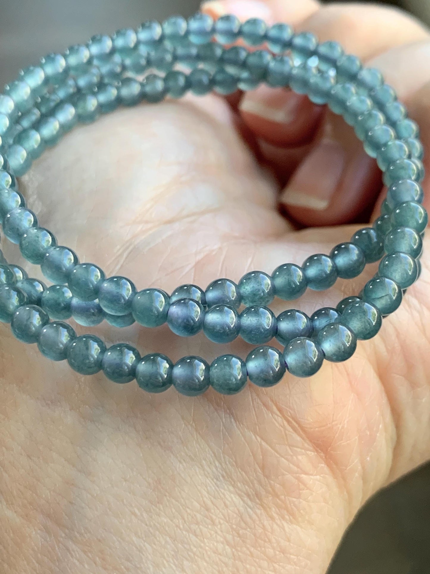 Grade A Natural Guatemalan Icy Highly Translucent Light Aegean Blue Jade Jadeite Petite Beaded Necklace 4.3mm 20.75” 天然冰危牛仔蓝翡翠圆珠项链XDN576N