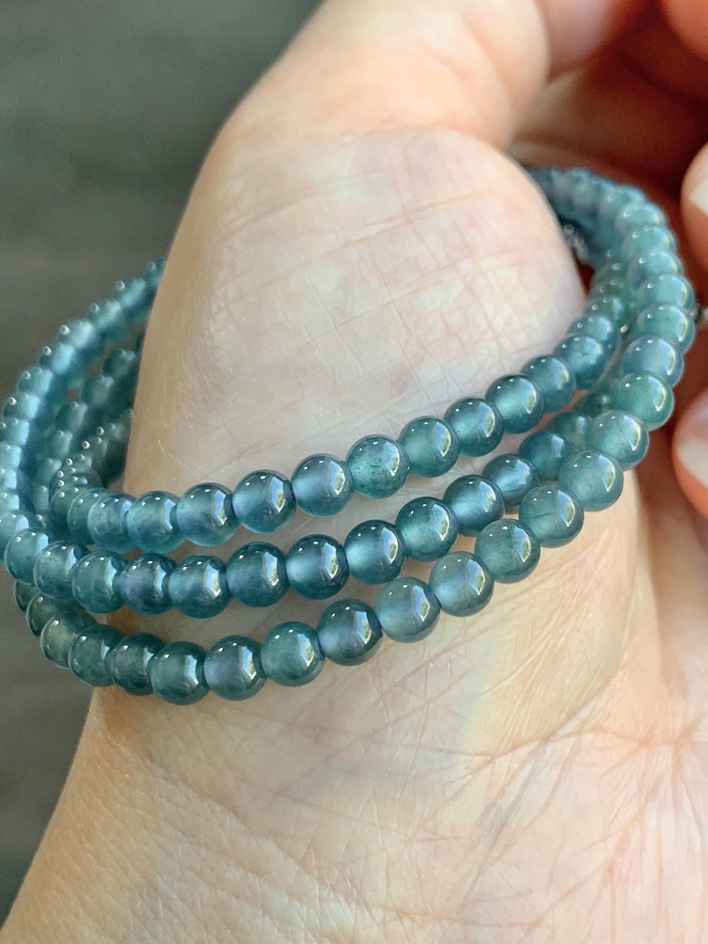 Grade A Natural Guatemalan Icy Highly Translucent Light Aegean Blue Jade Jadeite Petite Beaded Necklace 4.3mm 20.75” 天然冰危牛仔蓝翡翠圆珠项链XDN576N