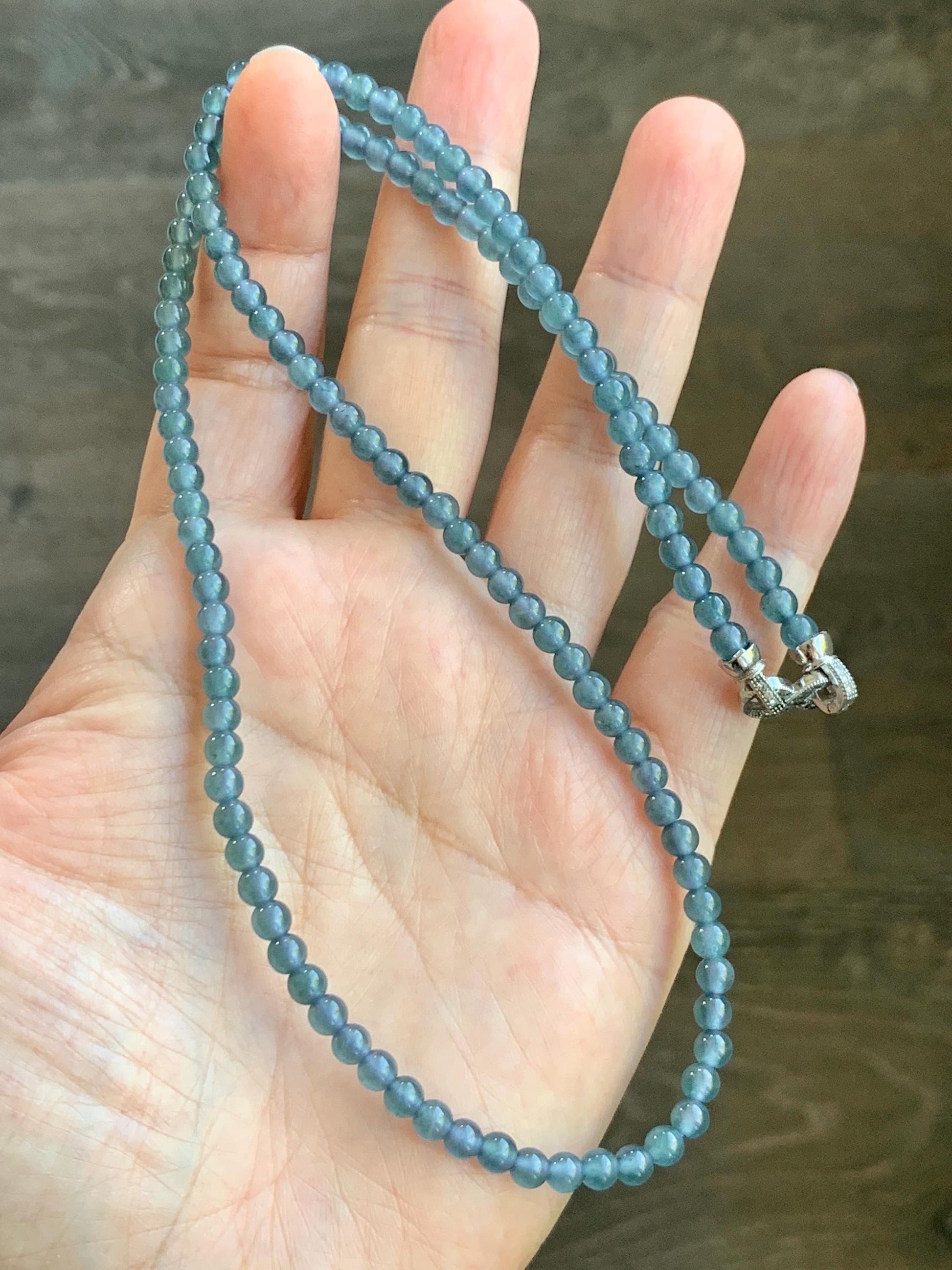 Grade A Natural Guatemalan Icy Highly Translucent Light Aegean Blue Jade Jadeite Petite Beaded Necklace 4.3mm 20.75” 天然冰危牛仔蓝翡翠圆珠项链XDN576N