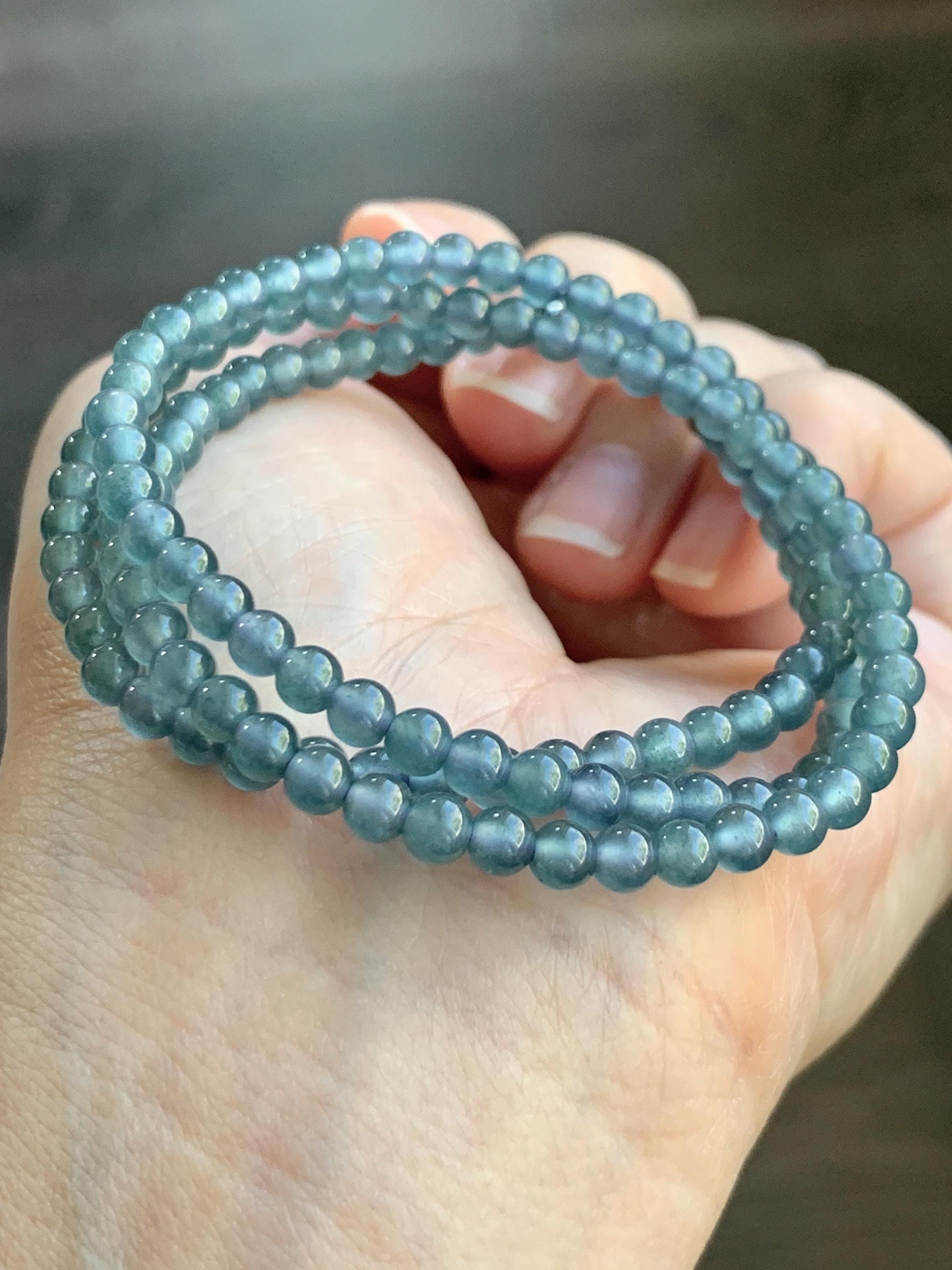 Grade A Natural Guatemalan Icy Highly Translucent Light Aegean Blue Jade Jadeite Petite Beaded Necklace 4.3mm 20.75” 天然冰危牛仔蓝翡翠圆珠项链XDN576N