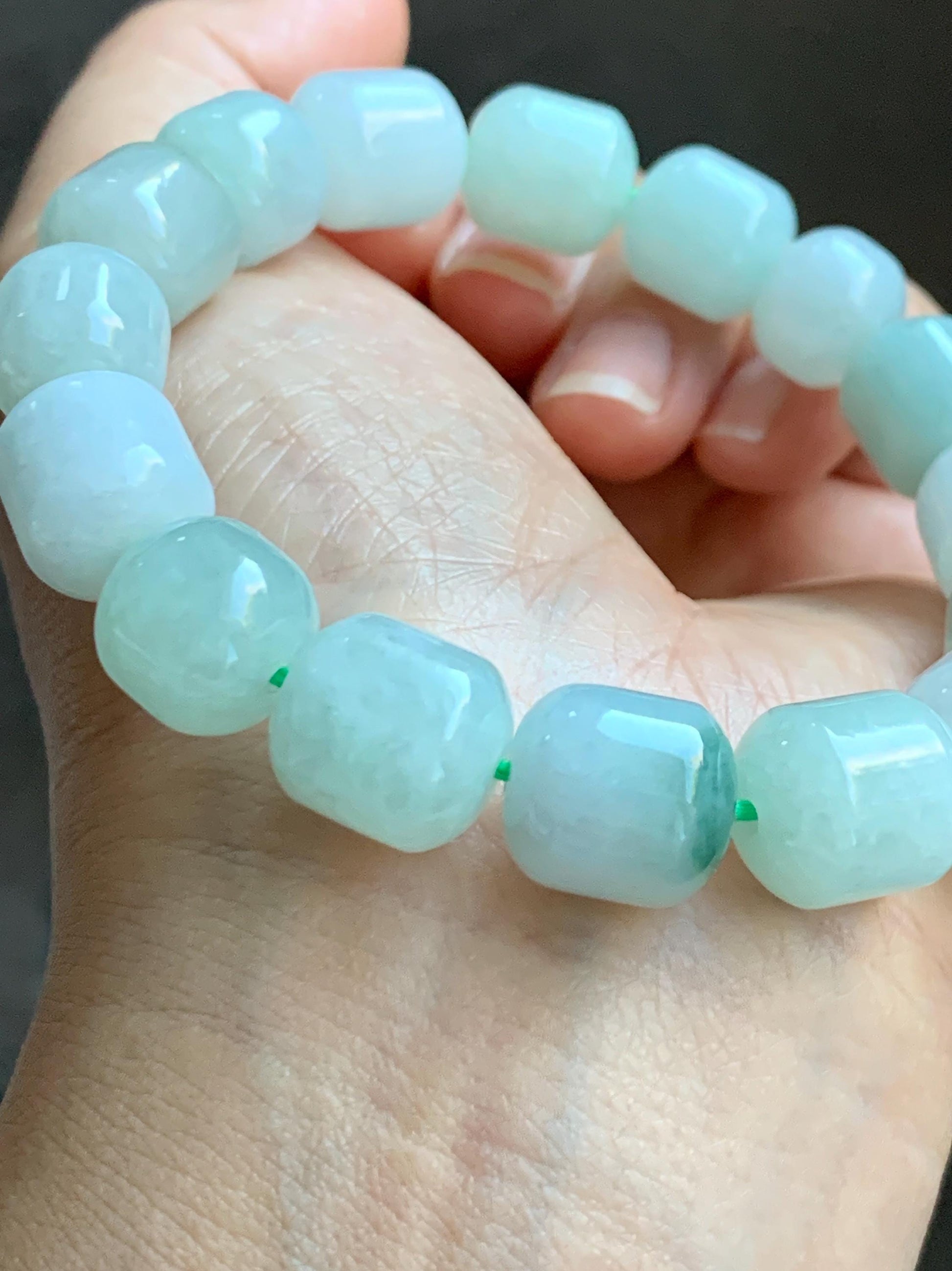 Natural Grade A Icy Translucent Multicolored Pastel Green White Jade Jadeite Barrel Beads Beaded Bracelet 7.75” 57g 天然糯冰多宝翡翠老型珠手串 DLZ297