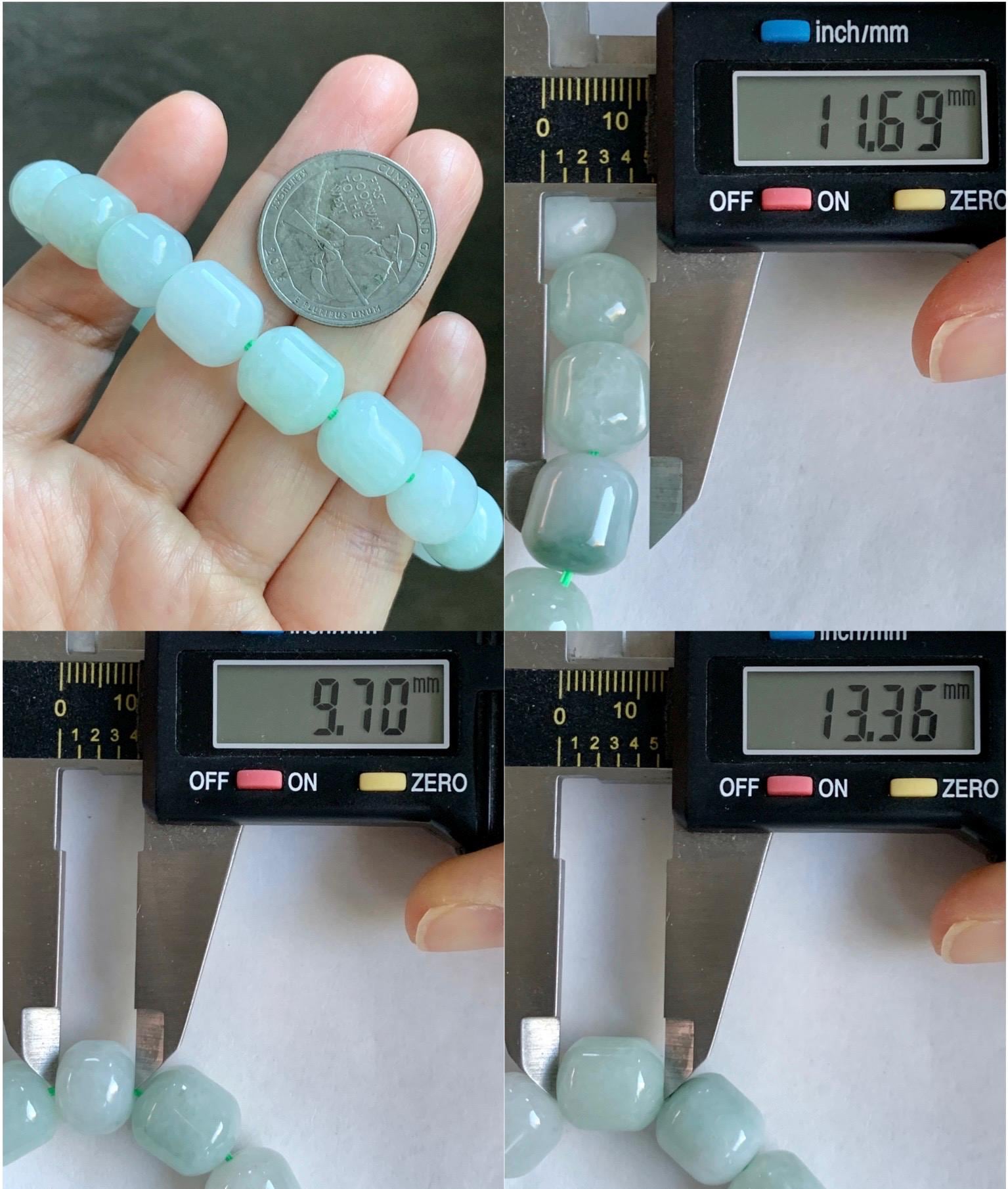 Natural Grade A Icy Translucent Multicolored Pastel Green White Jade Jadeite Barrel Beads Beaded Bracelet 7.75” 57g 天然糯冰多宝翡翠老型珠手串 DLZ297
