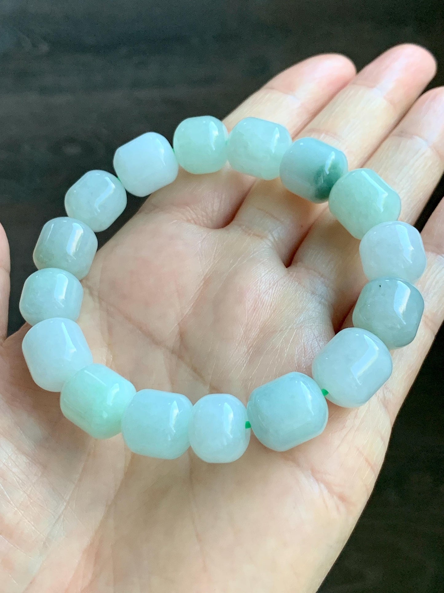 Natural Grade A Icy Translucent Multicolored Pastel Green White Jade Jadeite Barrel Beads Beaded Bracelet 7.75” 57g 天然糯冰多宝翡翠老型珠手串 DLZ297
