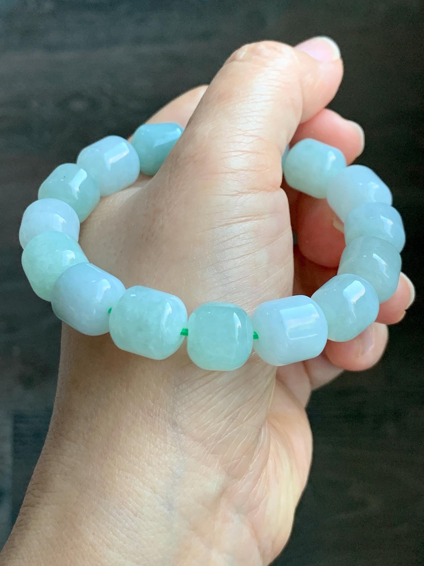 Natural Grade A Icy Translucent Multicolored Pastel Green White Jade Jadeite Barrel Beads Beaded Bracelet 7.75” 57g 天然糯冰多宝翡翠老型珠手串 DLZ297