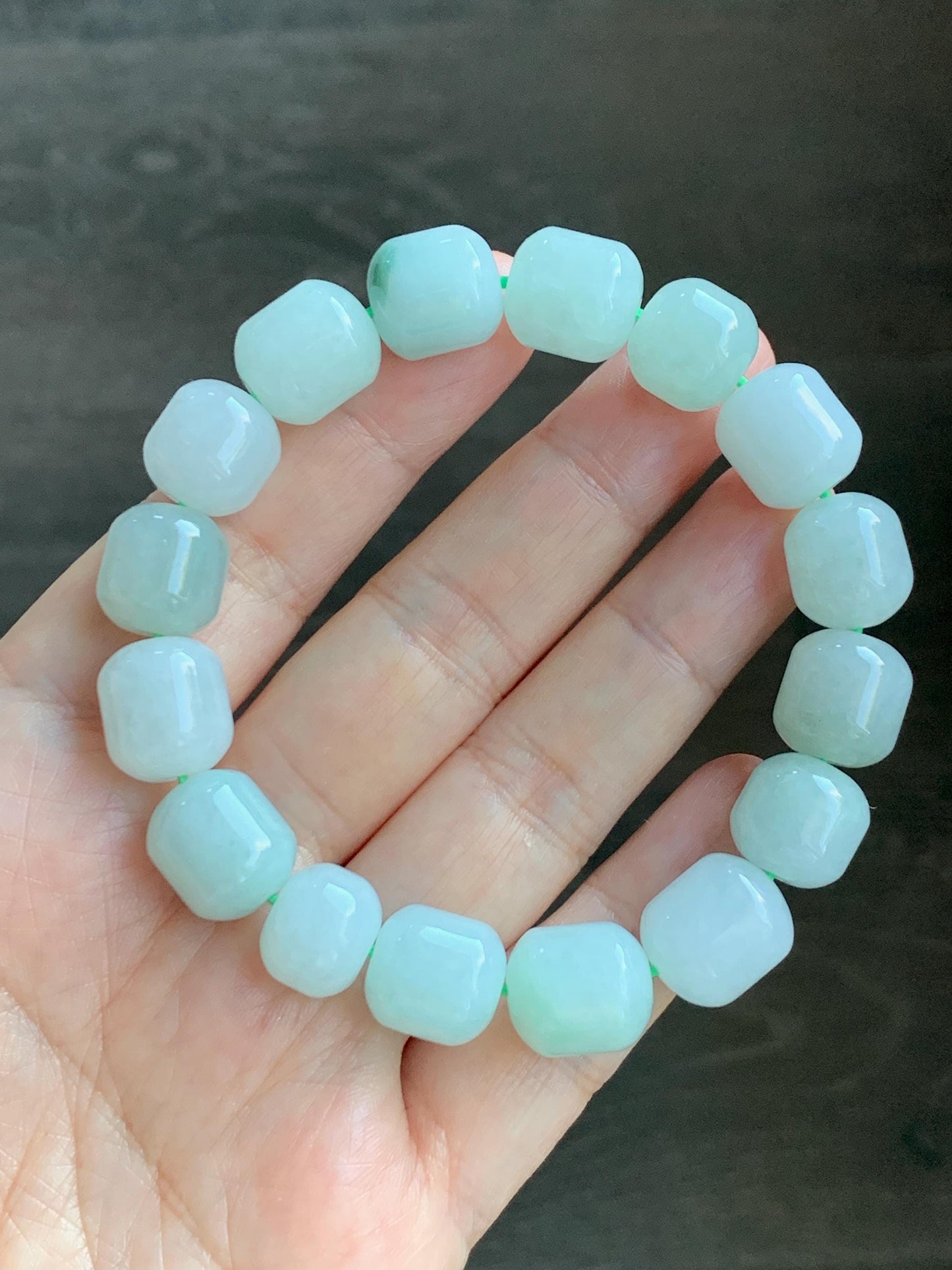 Natural Grade A Icy Translucent Multicolored Pastel Green White Jade Jadeite Barrel Beads Beaded Bracelet 7.75” 57g 天然糯冰多宝翡翠老型珠手串 DLZ297