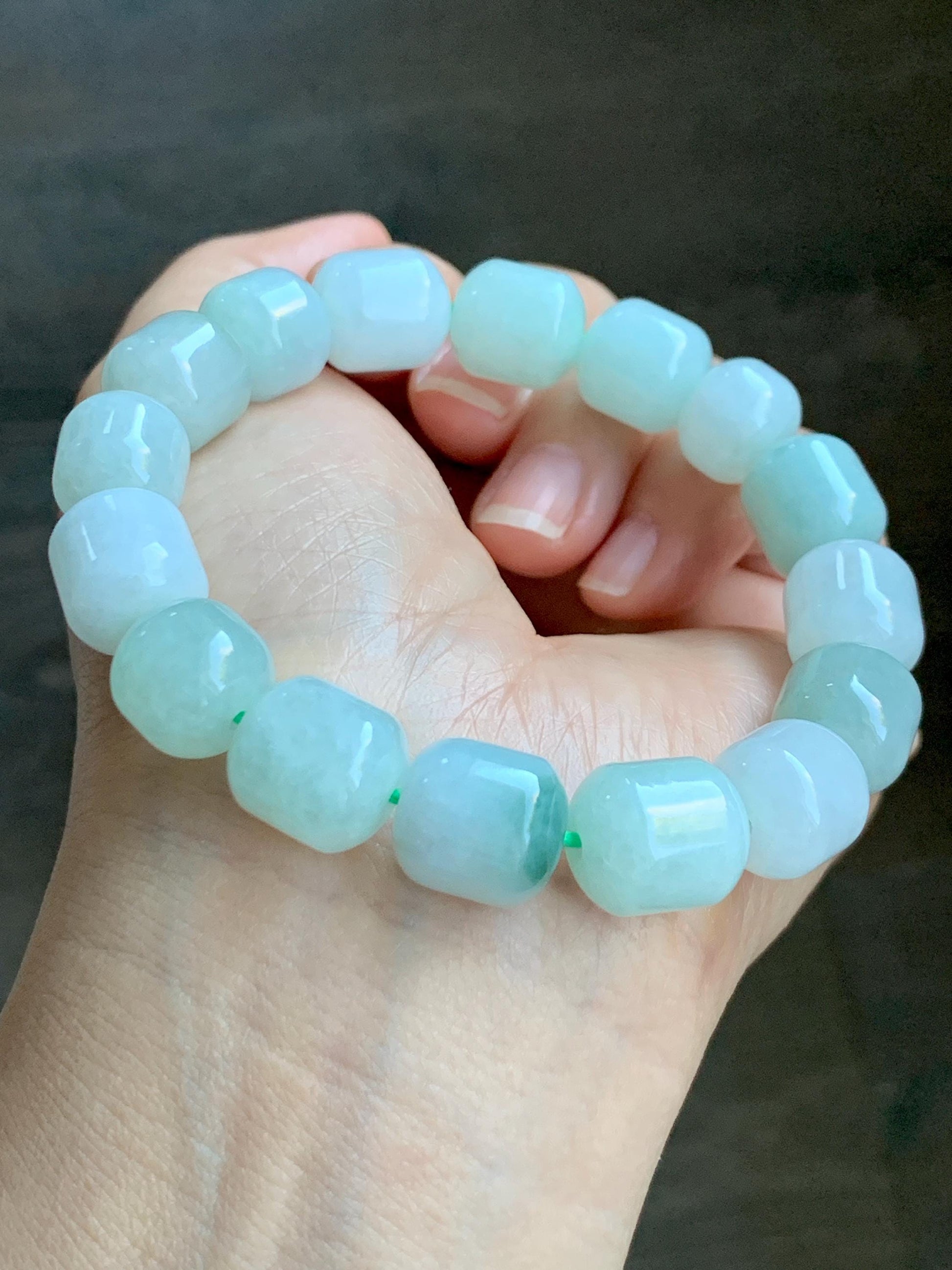 Natural Grade A Icy Translucent Multicolored Pastel Green White Jade Jadeite Barrel Beads Beaded Bracelet 7.75” 57g 天然糯冰多宝翡翠老型珠手串 DLZ297