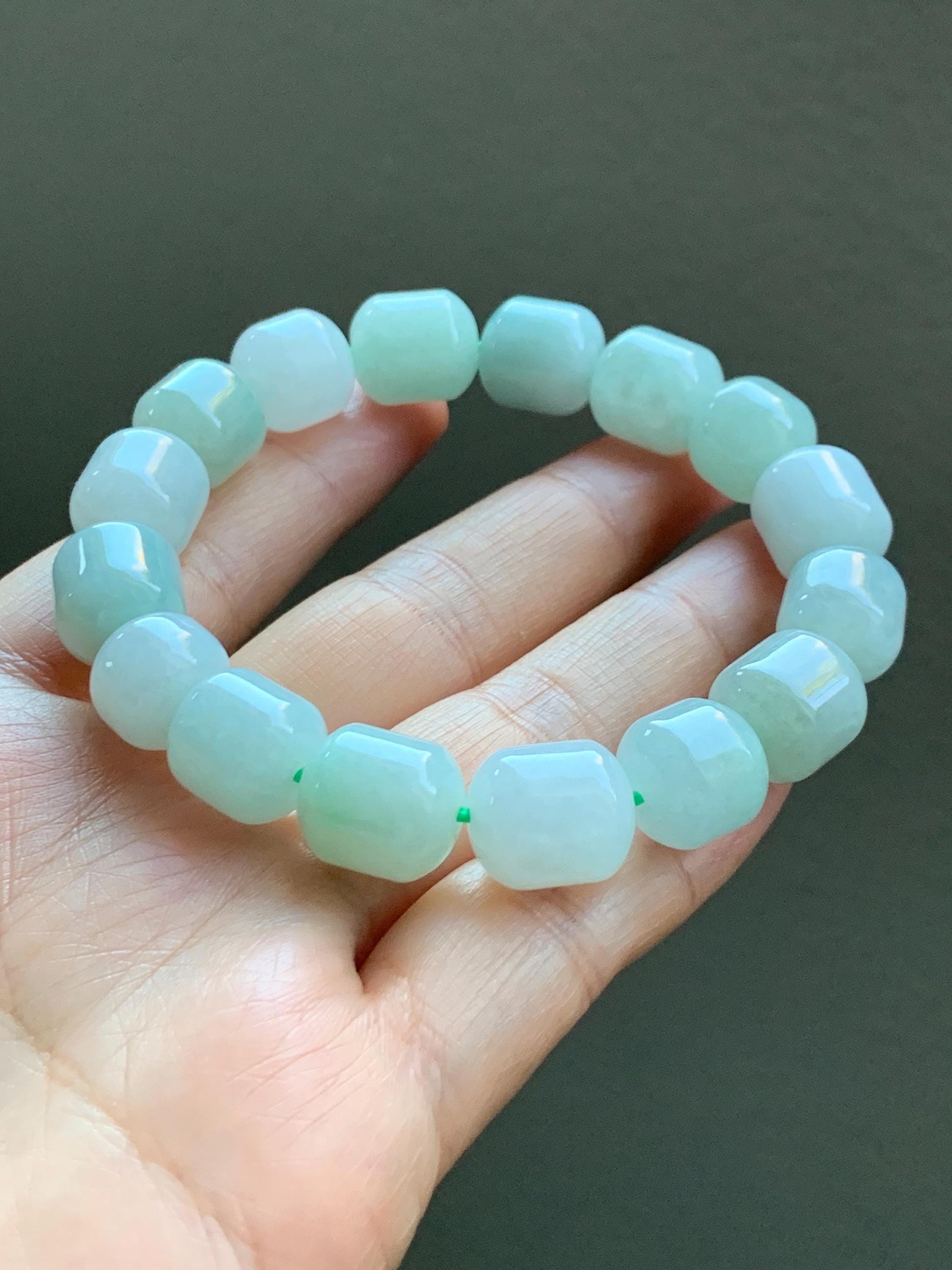 Natural Grade A Icy Translucent Multicolored Pastel Green White Jade Jadeite Barrel Beads Beaded Bracelet 7.75” 57g 天然糯冰多宝翡翠老型珠手串 DLZ297