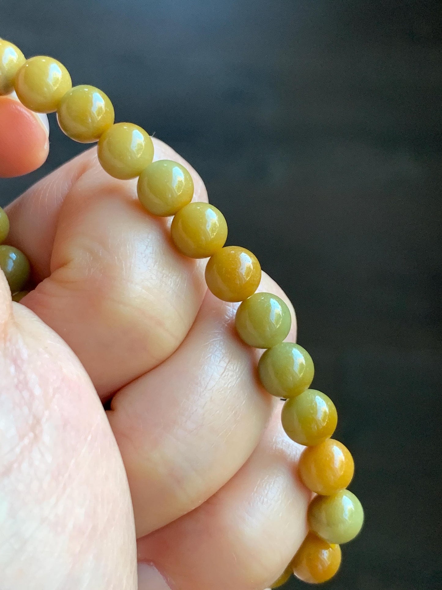 Natural Grade A Guatemalan Icy Translucent Mustard Yellow Jade Jadeite Beaded Bracelet Stretchy 6.9mm 6.5” 14g 天然冰危满黄翡翠圆珠手串 QWH330B