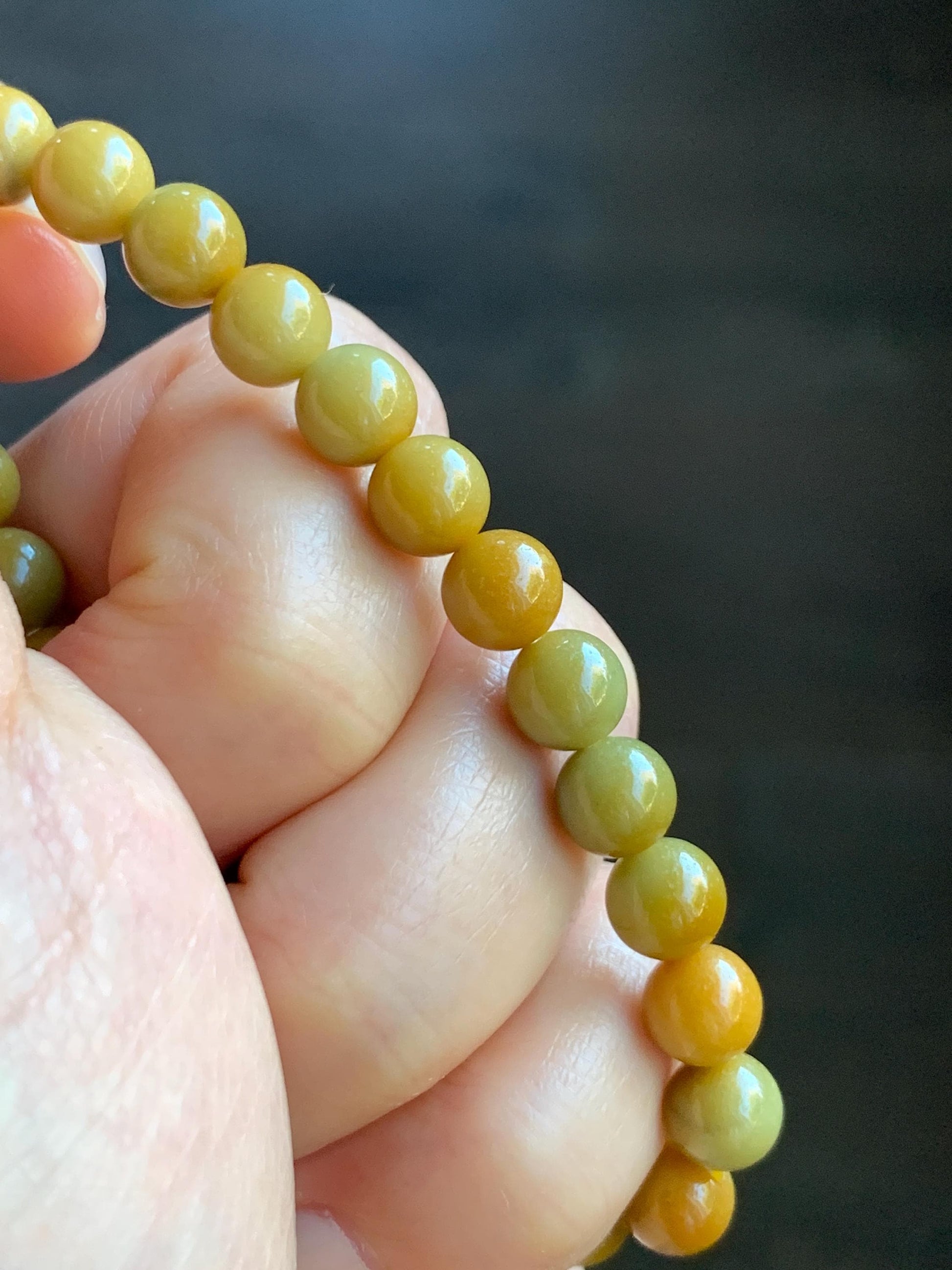 Natural Grade A Guatemalan Icy Translucent Mustard Yellow Jade Jadeite Beaded Bracelet Stretchy 6.9mm 6.5” 14g 天然冰危满黄翡翠圆珠手串 QWH330B