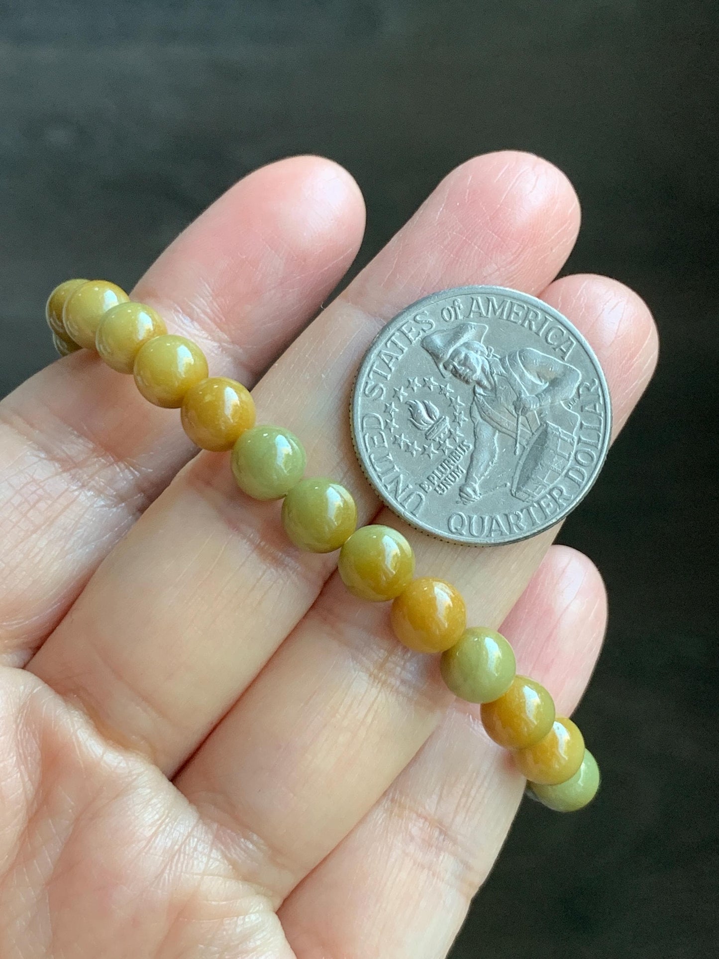 Natural Grade A Guatemalan Icy Translucent Mustard Yellow Jade Jadeite Beaded Bracelet Stretchy 6.9mm 6.5” 14g 天然冰危满黄翡翠圆珠手串 QWH330B