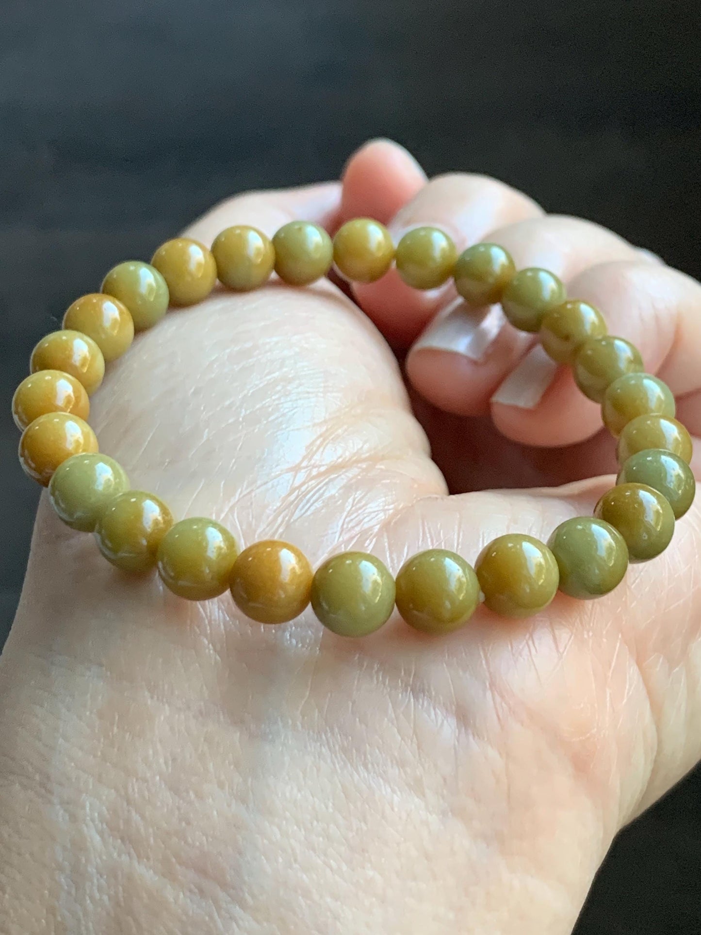 Natural Grade A Guatemalan Icy Translucent Mustard Yellow Jade Jadeite Beaded Bracelet Stretchy 6.9mm 6.5” 14g 天然冰危满黄翡翠圆珠手串 QWH330B