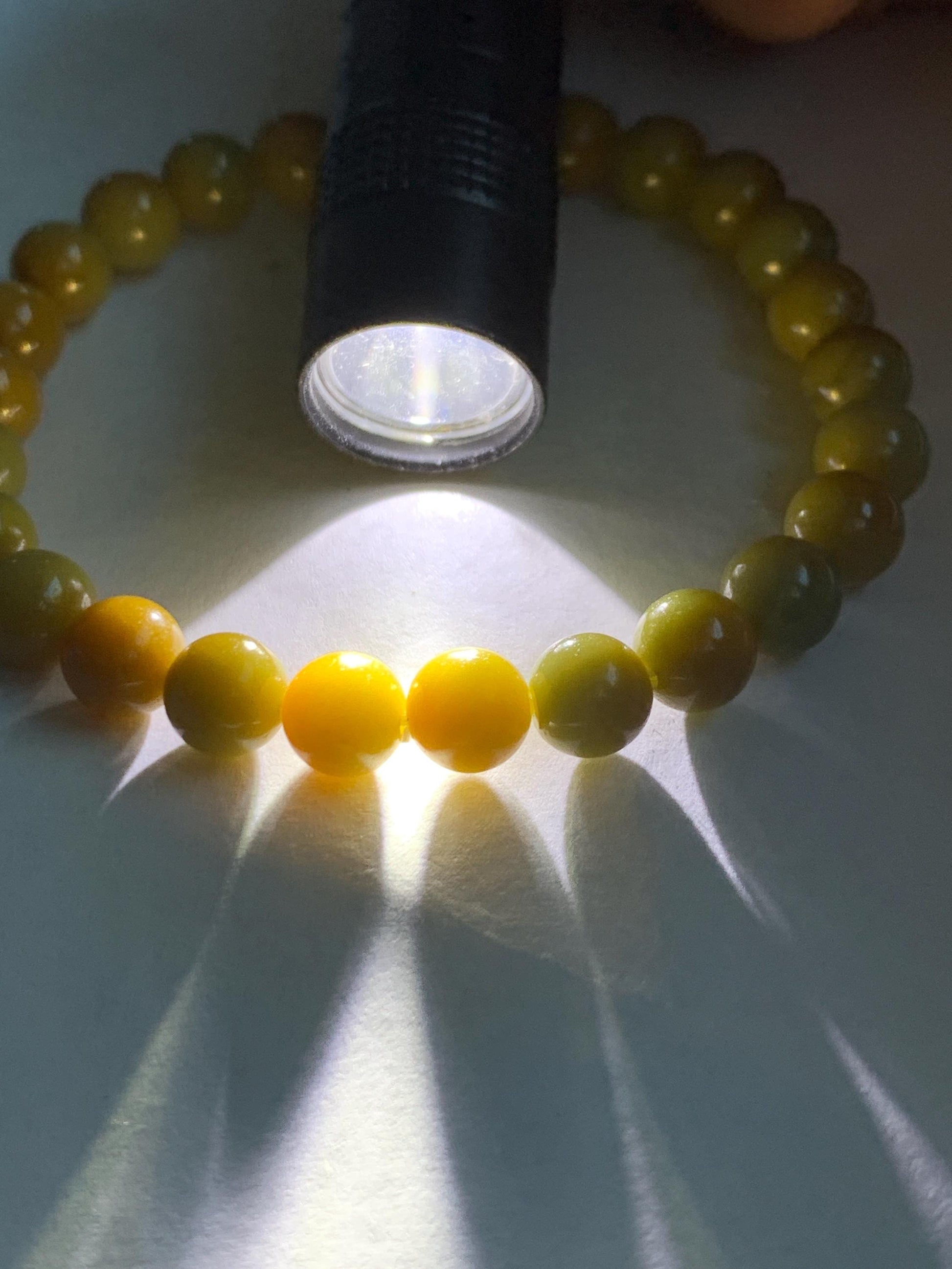 Natural Grade A Guatemalan Icy Translucent Mustard Yellow Jade Jadeite Beaded Bracelet Stretchy 6.9mm 6.5” 14g 天然冰危满黄翡翠圆珠手串 QWH330B