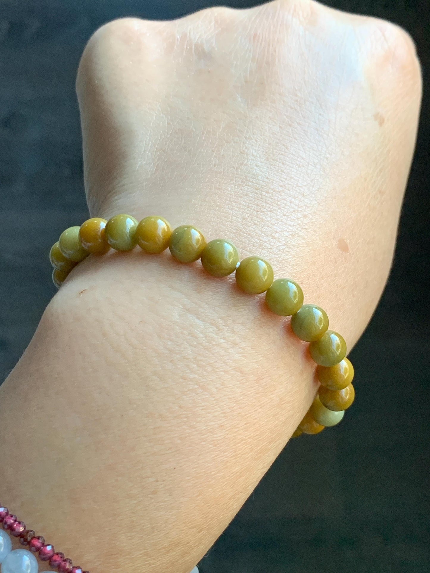 Natural Grade A Guatemalan Icy Translucent Mustard Yellow Jade Jadeite Beaded Bracelet Stretchy 6.9mm 6.5” 14g 天然冰危满黄翡翠圆珠手串 QWH330B
