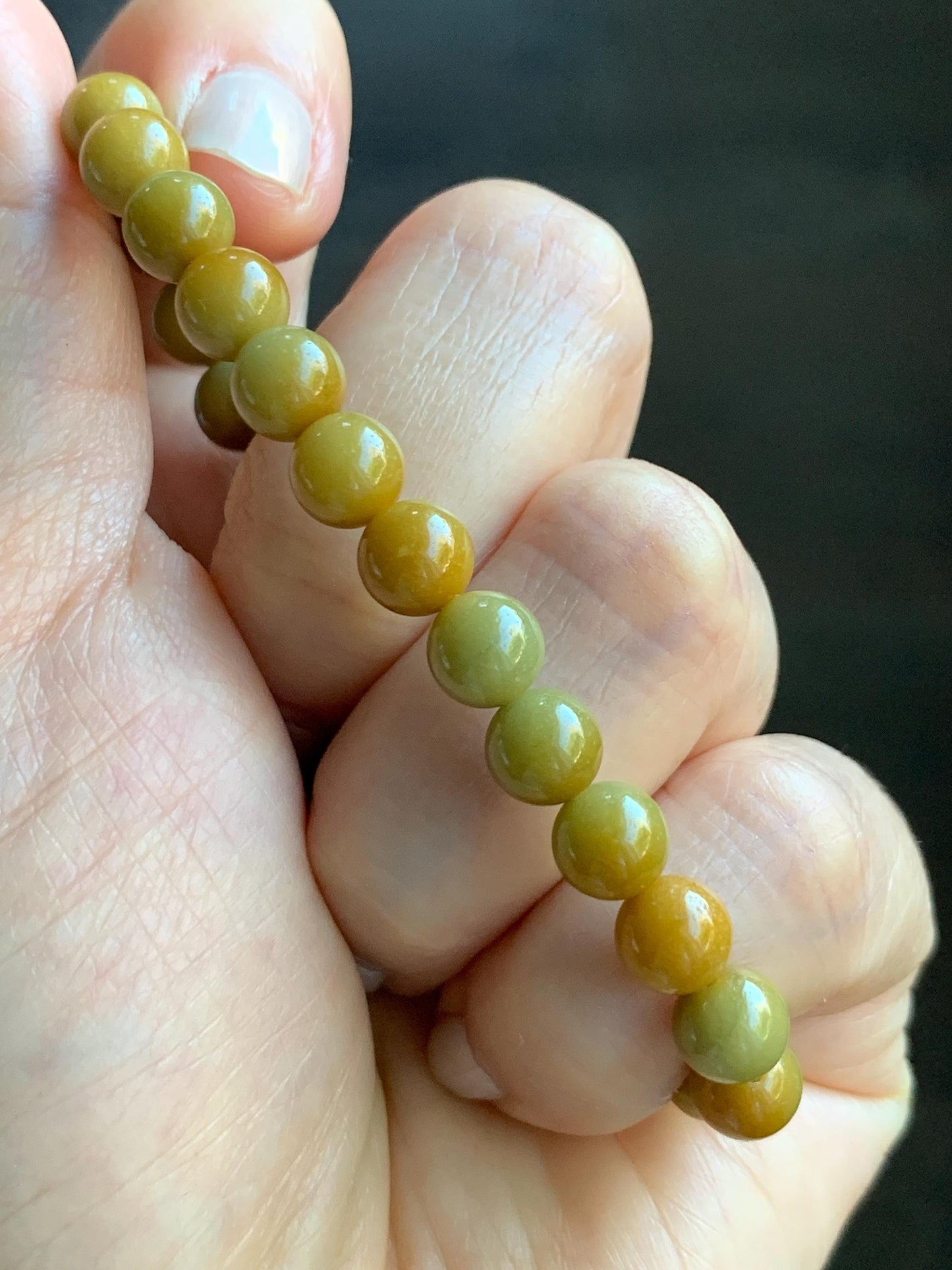 Natural Grade A Guatemalan Icy Translucent Mustard Yellow Jade Jadeite Beaded Bracelet Stretchy 6.9mm 6.5” 14g 天然冰危满黄翡翠圆珠手串 QWH330B