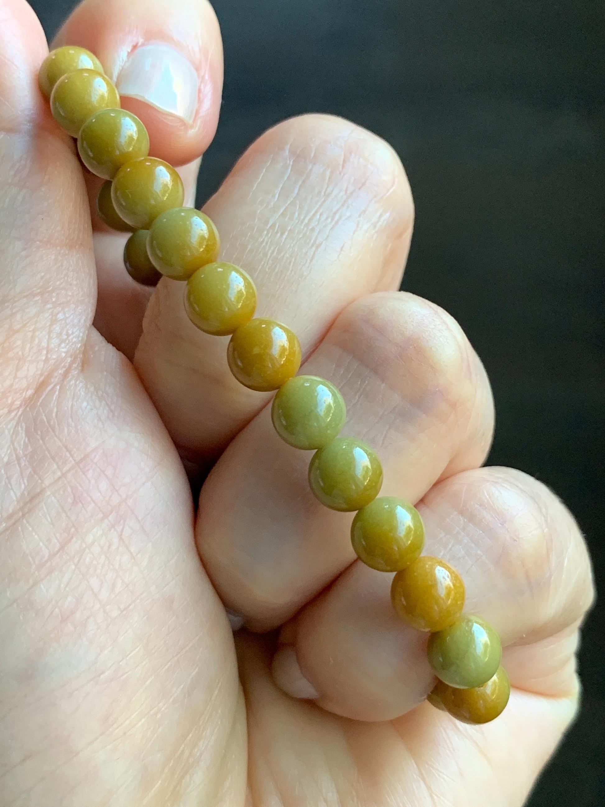 Natural Grade A Guatemalan Icy Translucent Mustard Yellow Jade Jadeite Beaded Bracelet Stretchy 6.9mm 6.5” 14g 天然冰危满黄翡翠圆珠手串 QWH330B