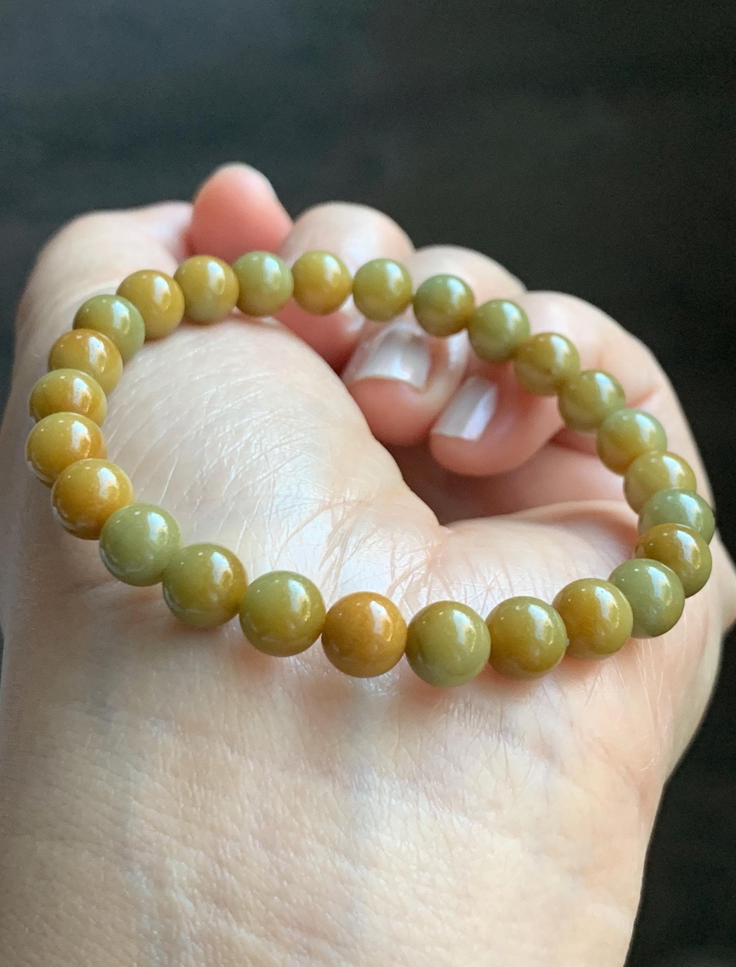 Natural Grade A Guatemalan Icy Translucent Mustard Yellow Jade Jadeite Beaded Bracelet Stretchy 6.9mm 6.5” 14g 天然冰危满黄翡翠圆珠手串 QWH330B