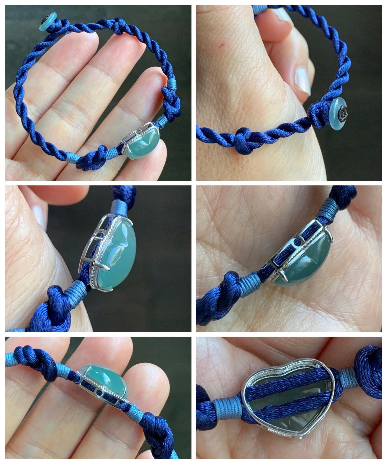 Natural Grade A Guatemalan Icy Highly Translucent Teal Blue Jadeite Heart Charm Rope Bracelet Sterling Silver 6” or 7" 天然冰危蓝翡翠爱心潘多拉手绳 PDH88