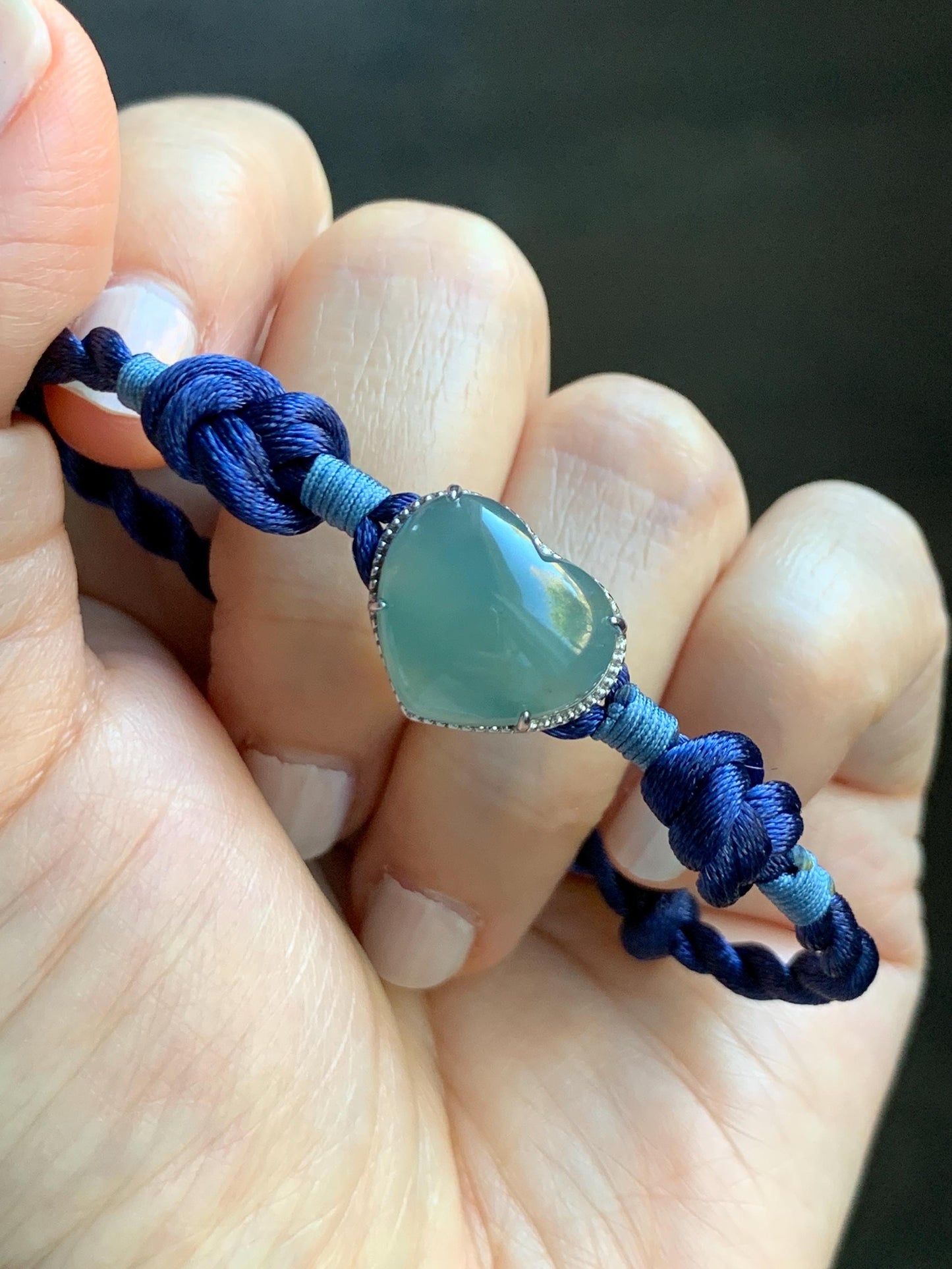 Natural Grade A Guatemalan Icy Highly Translucent Teal Blue Jadeite Heart Charm Rope Bracelet Sterling Silver 6” or 7" 天然冰危蓝翡翠爱心潘多拉手绳 PDH88