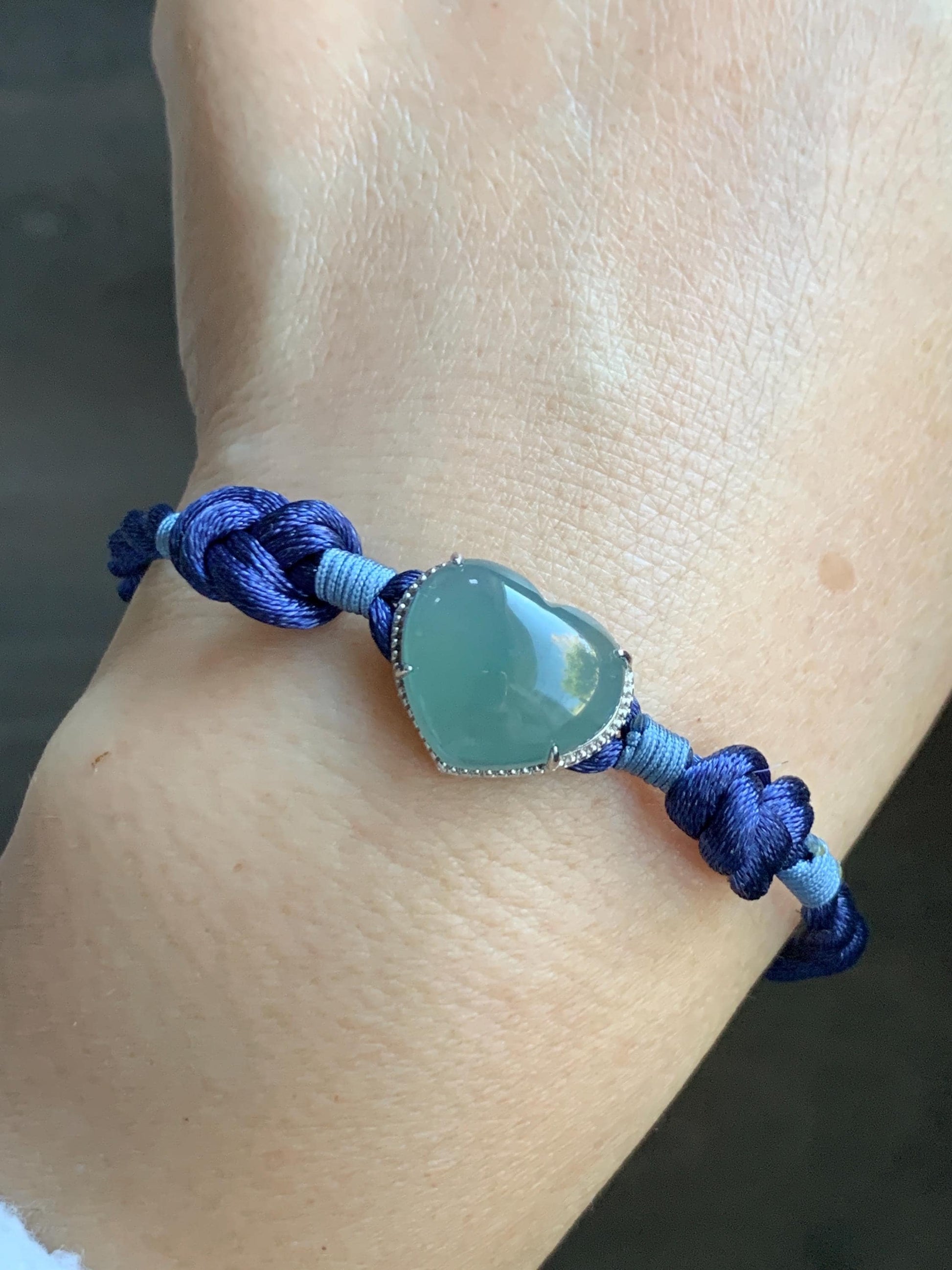 Natural Grade A Guatemalan Icy Highly Translucent Teal Blue Jadeite Heart Charm Rope Bracelet Sterling Silver 6” or 7" 天然冰危蓝翡翠爱心潘多拉手绳 PDH88