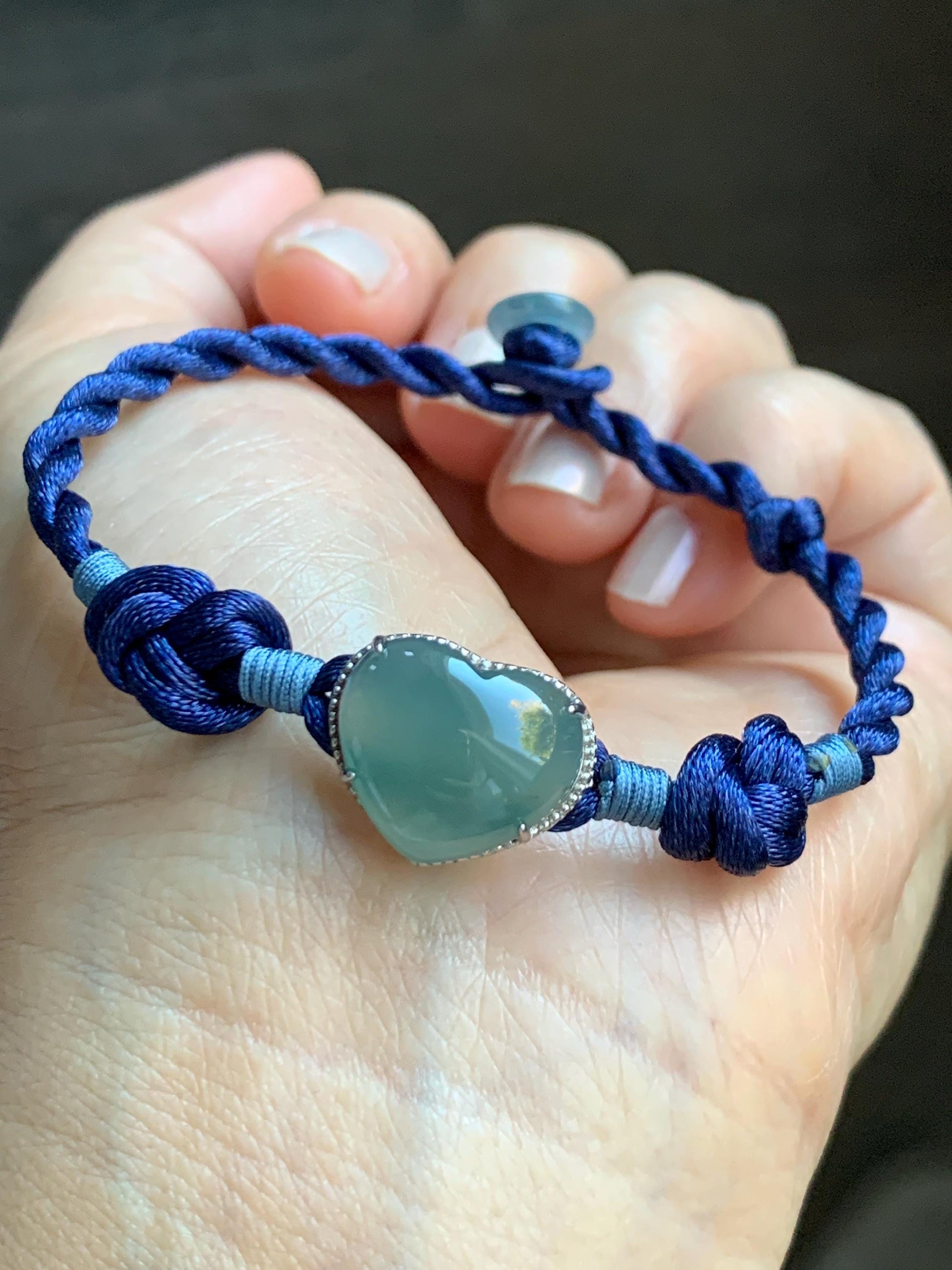 Natural Grade A Guatemalan Icy Highly Translucent Teal Blue Jadeite Heart Charm Rope Bracelet Sterling Silver 6” or 7" 天然冰危蓝翡翠爱心潘多拉手绳 PDH88